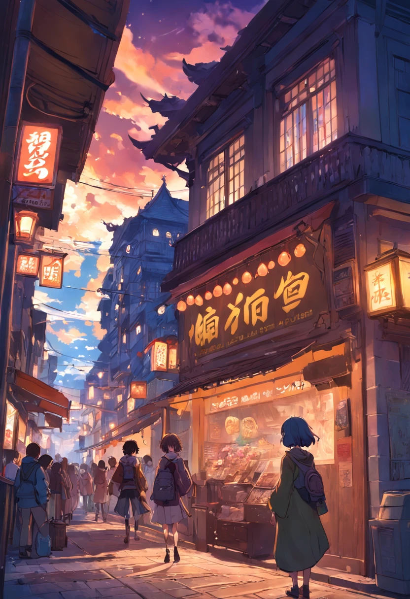 main street city, rpg fantasy, anime style, dia ensolarado, muitas pessoas, muitas lojas, super detalhado, cores vibrantes, impeccable lighting,