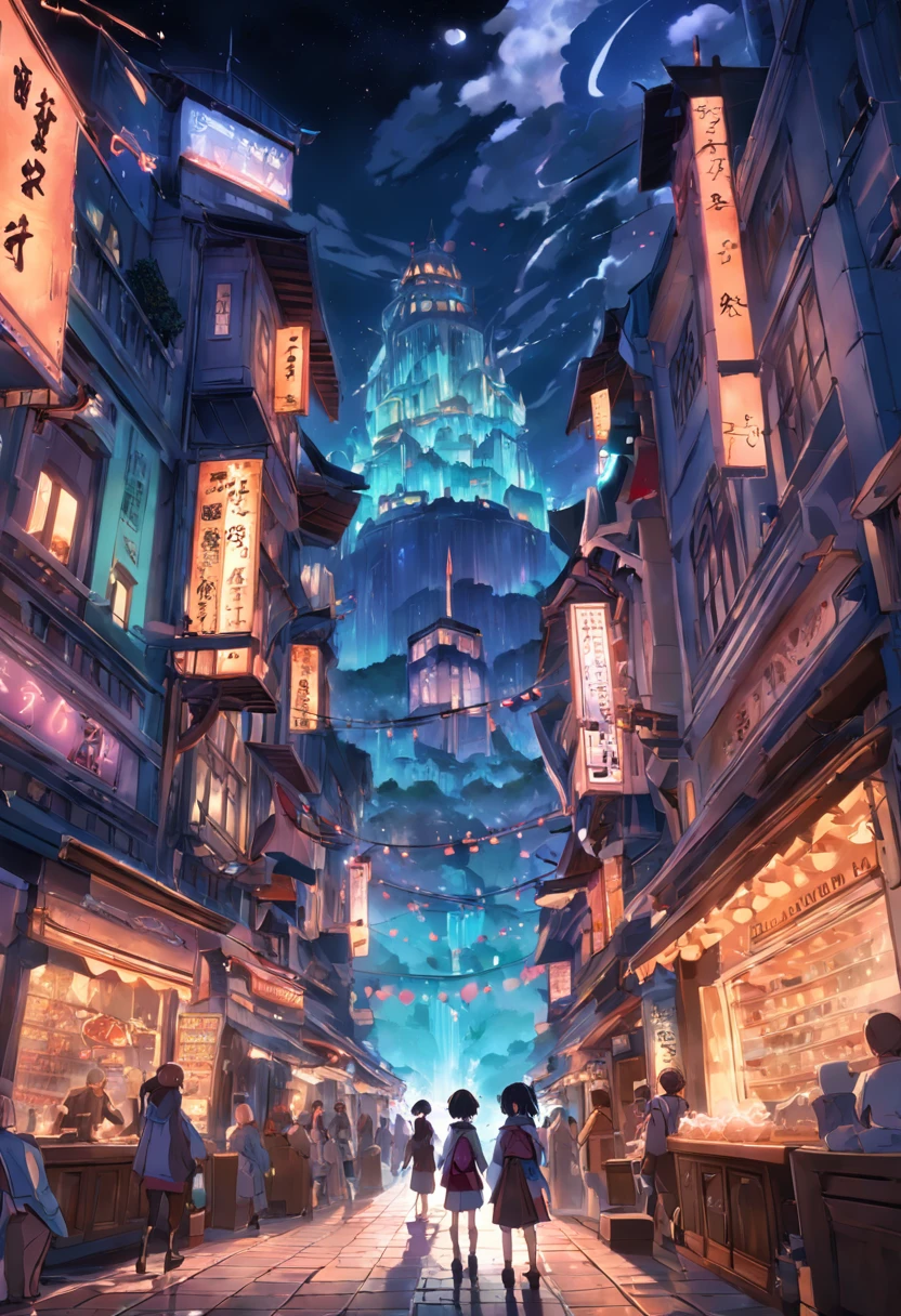main street city, rpg fantasy, anime style, dia ensolarado, muitas pessoas, muitas lojas, super detalhado, cores vibrantes, impeccable lighting,