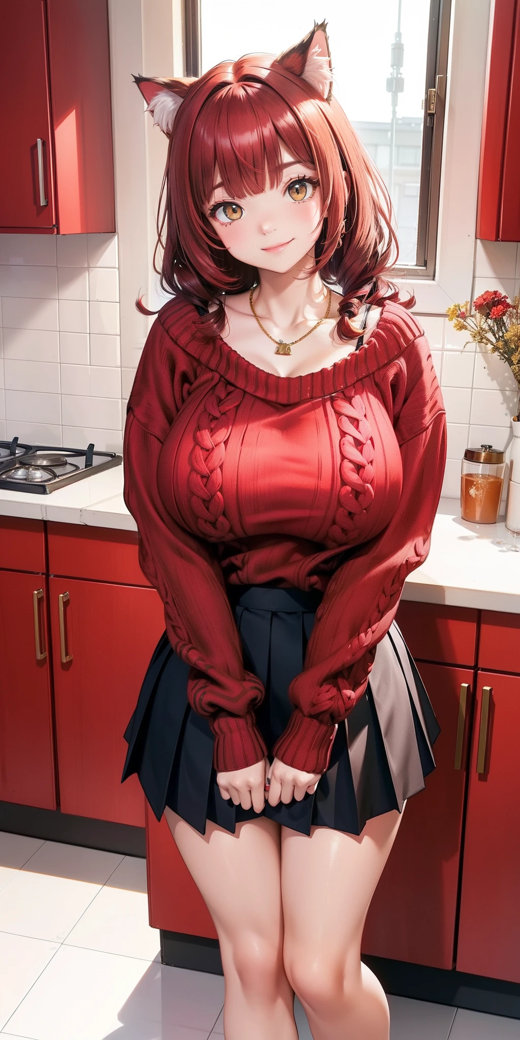 big breasts ((cat girl)) ((red forte hair))((high quality)) extremely sexy body, masterpiece, a beautiful cat girl, (((Oversized_Sweaters)) pleated skirt))a necklace, (( perfect face)), kind smile, cute expression, kitchen, table, chair, fridge, washing machine