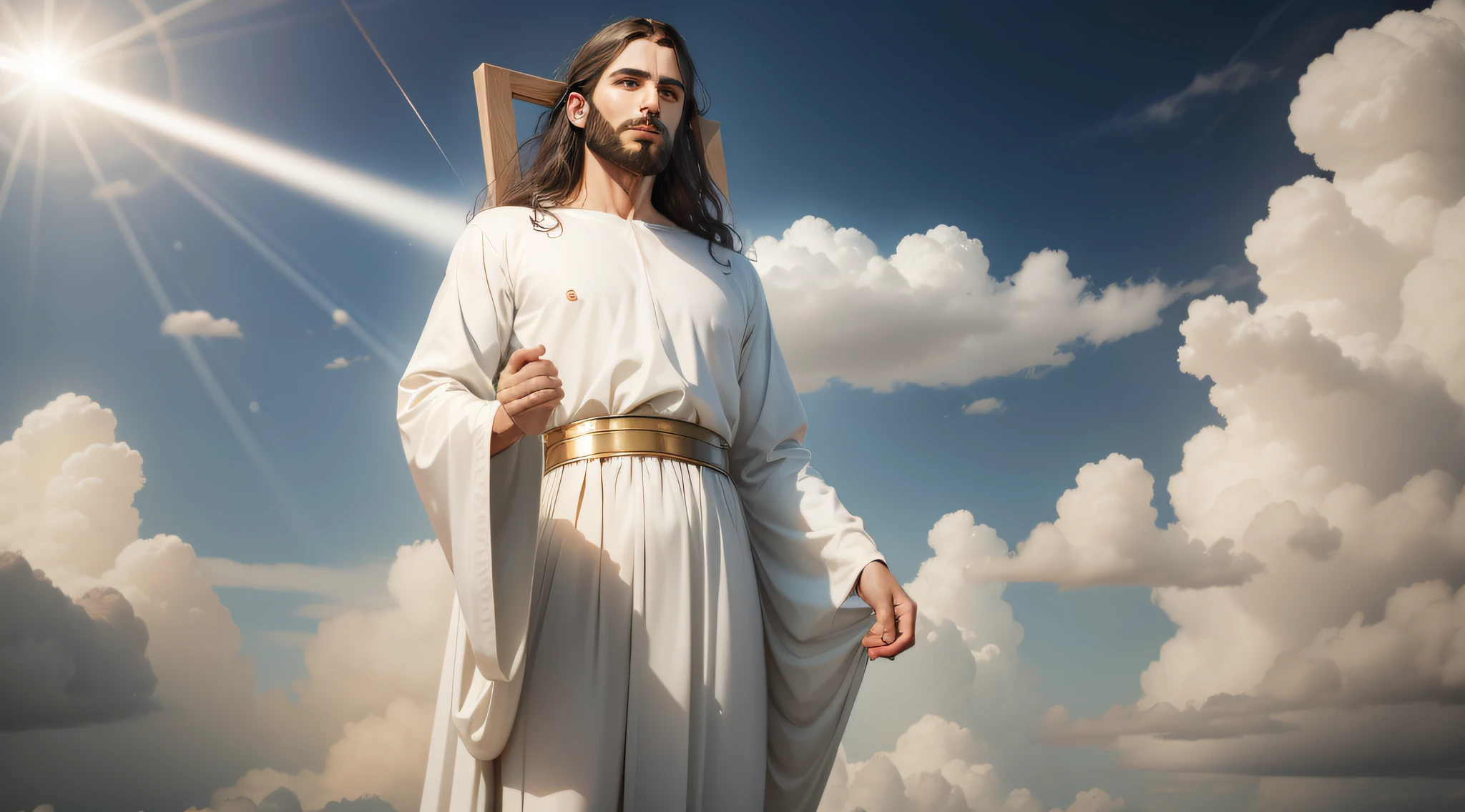 jesus cristo com roupas humildes brancas nas nuvens, raios de luz em seu rosto, realismo extremo, tom celestial