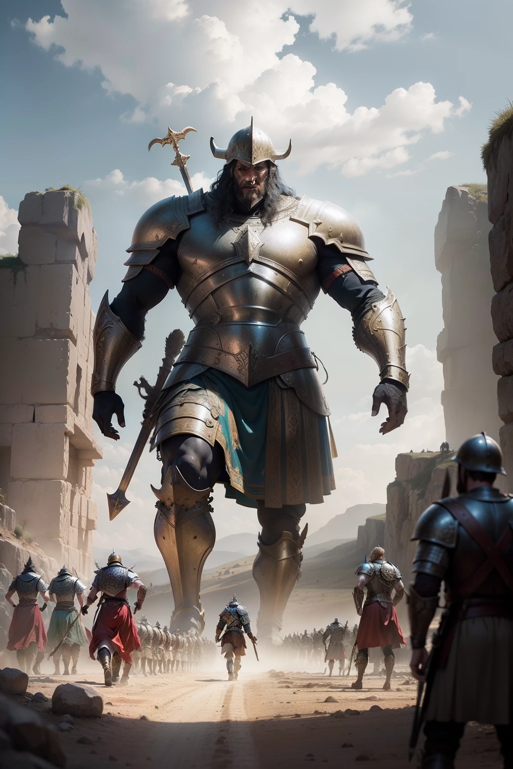 Scenes from biblical landscapes, A vivid depiction of the camp of the Philistines and the Israelites, and an epic image of Goliath in shining armor highlighting his gigantic stature ahead of David