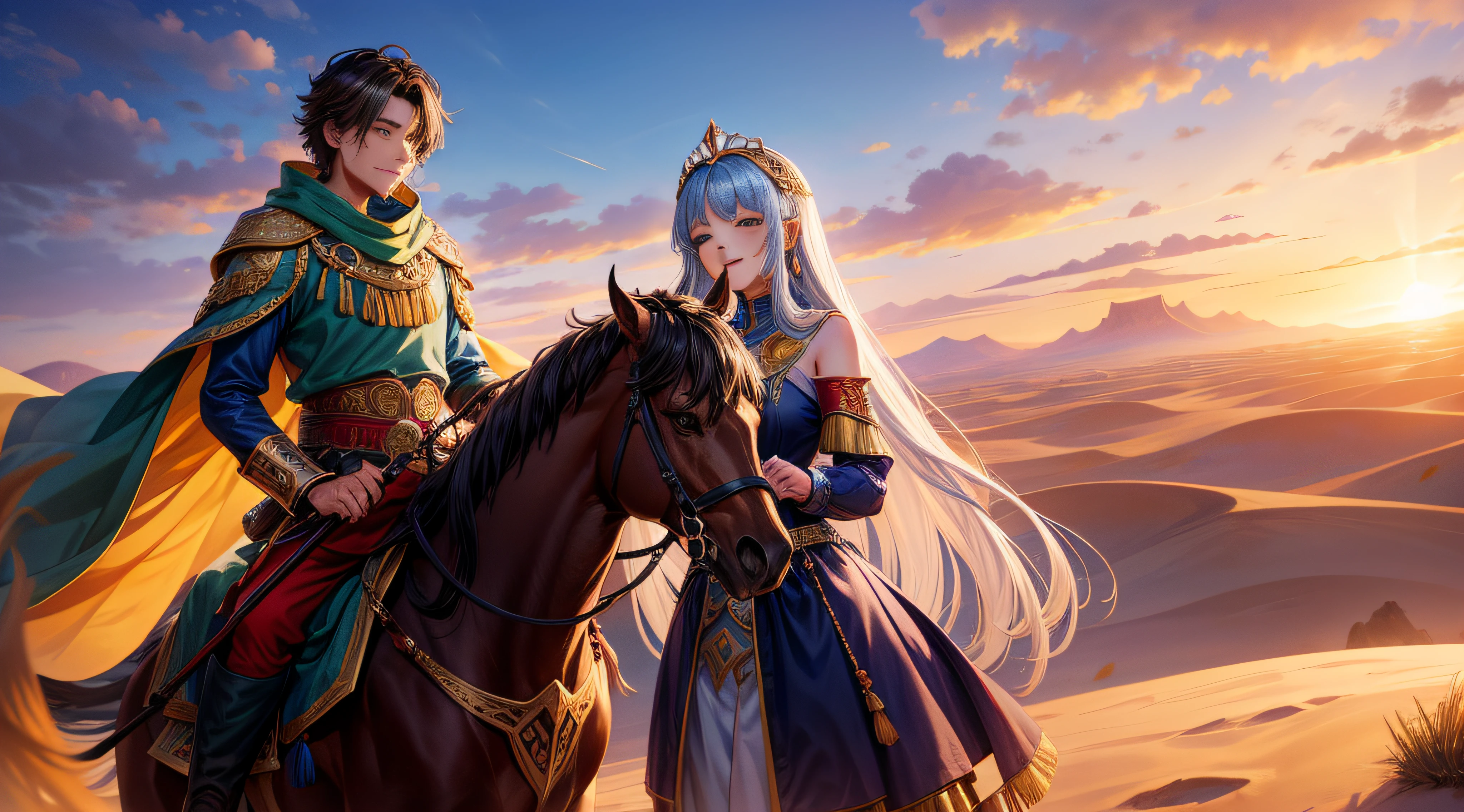 Prince of the steppe equestrian tribe empire and the king princess of the desert settled oasis city-state、Princess hugged by the prince、Smiling face to face、The joy of love、Tears of joy、Outside the desert fortress、Sand smoke、Turpan landscape、Red-tinted evening、lyrical、Romantic、heartful、Dramatic、Medieval Central Asia majestic and delicate landscape background、​masterpiece、ultra-quality、