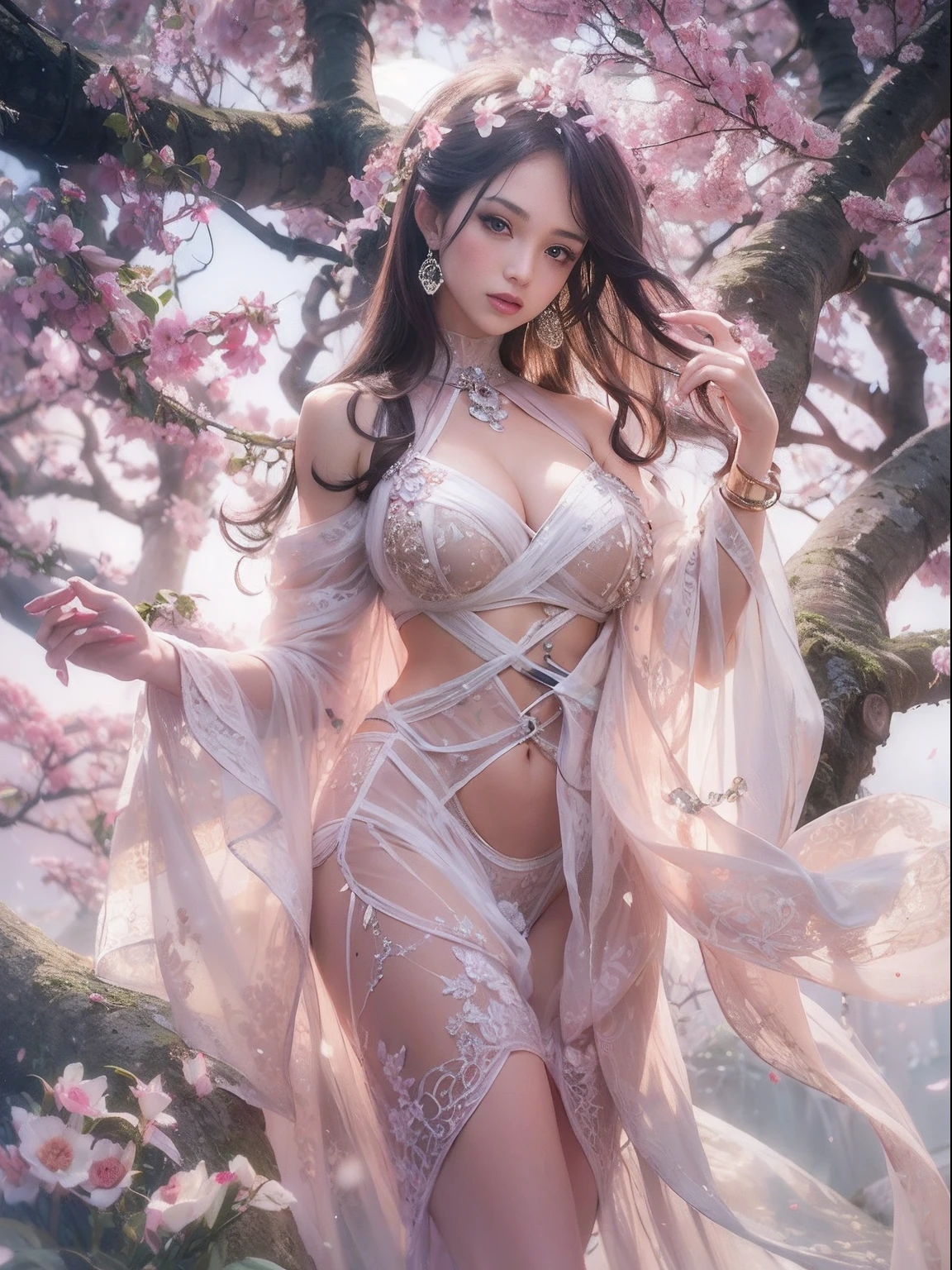 loose outfit、Show shoulders、Navel Ejection、How to wear a gown with a dark see-through halter neck broken、Decorated with intricate patterns and pastel colors、Transparent material that makes the skin shine、Artistic depiction of seductive woman in gown with wet thin cloth and transparent skin, Floral and fantastic pattern with flowing silky traditional see-through skin。Her dress draped elegantly around her curvaceous figure、Emphasizes her charming silhouette。She's a gentle fireworks night、Dynamic Posing、Sexy Posing、bathed in the soft glow of moonlight。The scene is、With a hint of mystery and sensuality、It exudes an ethereal dreamy atmosphere。The image style is、Incorporates a blend of watercolor and digital illustration techniques.、It makes you feel delicate beauty and charm。Soft moonlit lighting、Cast gentle highlights and shadows on her mesmerizing features。Dynamic Posing、Bold poses、The hand is somewhere、see -through、show through、A sexy、Wet hair、Wet、cherry trees、flower petals、cherryblossom、The cherry tree、Sakura blizzard、buried、Transparent skin、Wet clothes、Chest Pulling、Translucent clothes、Eau、nudde、garterbelts、fishnet tights、huge moon、Upper body photography、masutepiece