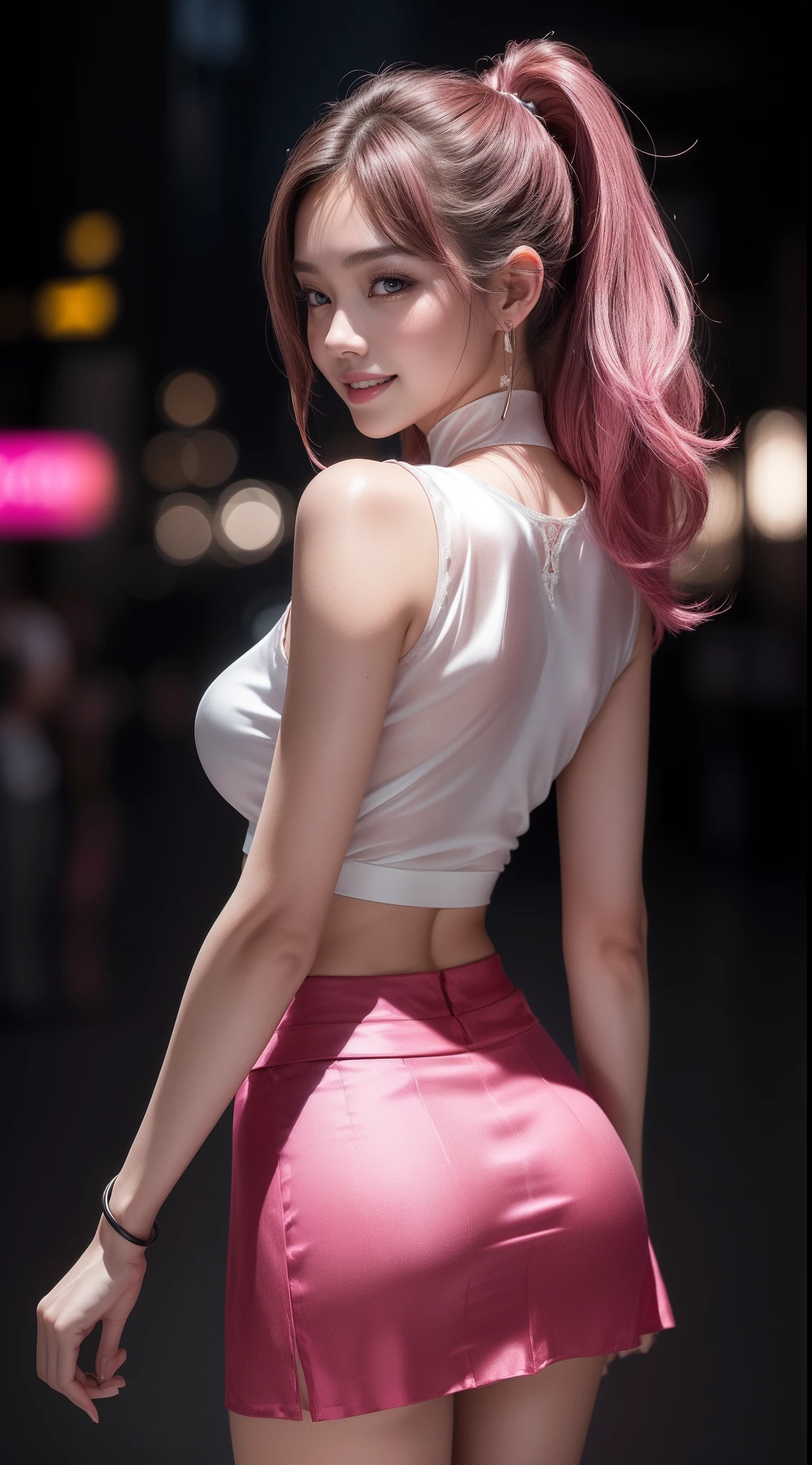 8k, masterpiece, RAW photo, best quality, photorealistic, extremely detailed CG unity 8k wallpaper, Depth of field, Cinematic Light, Lens Flare, Ray tracing, (extremely beautiful face, beautiful lips, beautiful eyes), intricate detail face, ((ultra detailed skin)) 1girl, in the dark, deep shadow, pretty korean girl, kpop idol, 1 girl, (very slim slender fit-muscled body:1.3), ((looking at viewer)),(big smile:1.3), (tight laced blouse), (white color blouse), (sleeveless) , (fashion city night, dark night, (neon sign), (blurred background), fashion street night),(without people in the background:1.3), beautiful earrings, bracelets, necklace, pantyhose, clear eyes, (pale skin), (big eyes), face forward, ((upper body shot)), ((silk hot pink color skirt:1.3)),(brown hairs),((tight fitting silk skirt )), (looking at viewer:1.3) open breast, very slim, medium breasts, turning back, back shot, see through blouse, transparent blouse, updo hair, micro mini skirt, thick thighs