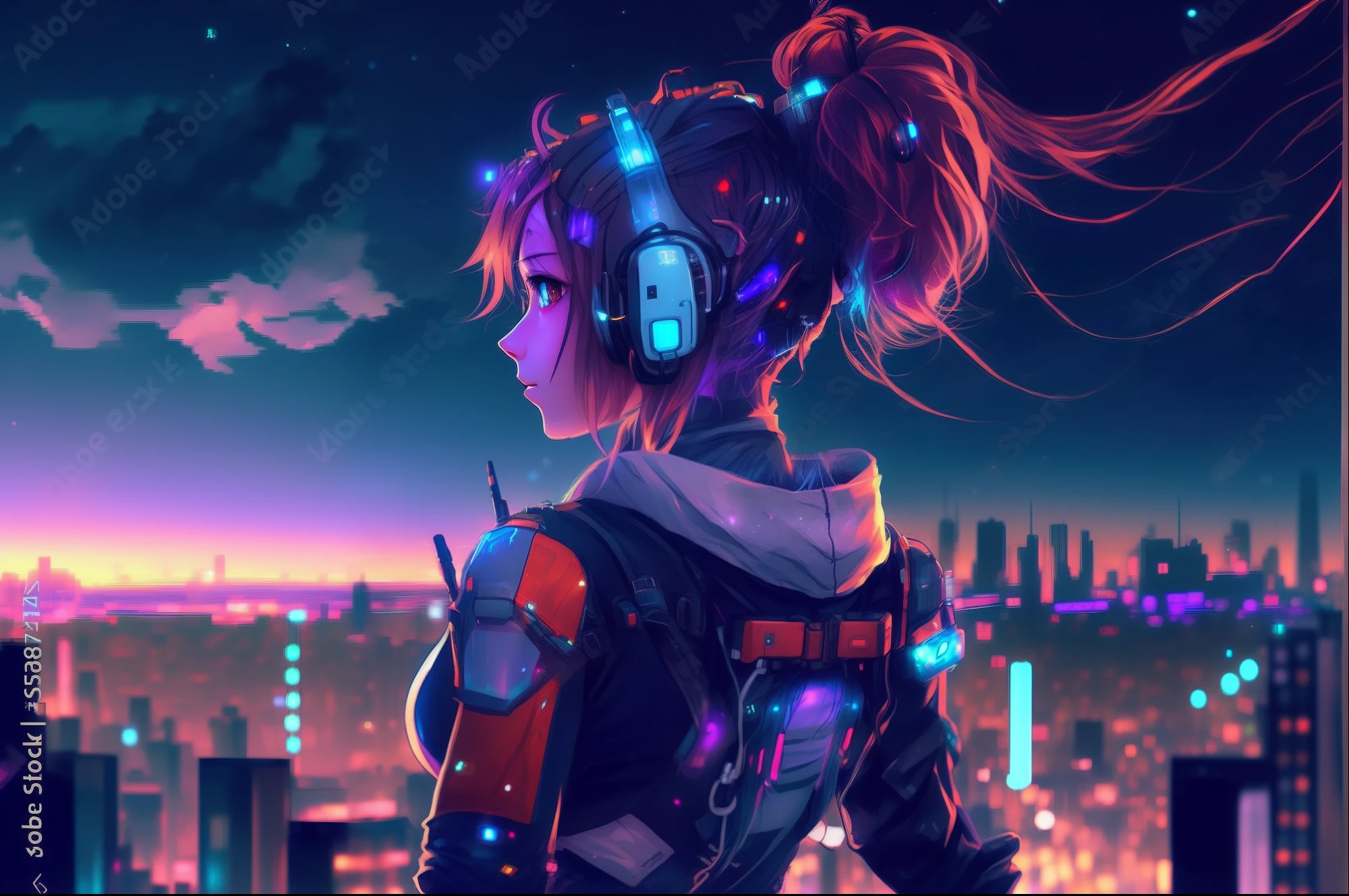 a woman with headphones on looking out over a city at night, digital cyberpunk anime art, digital cyberpunk - anime art, cyberpunk anime girl, female cyberpunk anime girl, anime cyberpunk art, cyberpunk anime girl in hoodie, cyberpunk anime art, cyberpunk art style, dreamy cyberpunk girl, cyberpunk beautiful girl, cyberpunk themed art, cyberpunk anime girl mech, cyberpunk vibe, the cyberpunk girl portrait