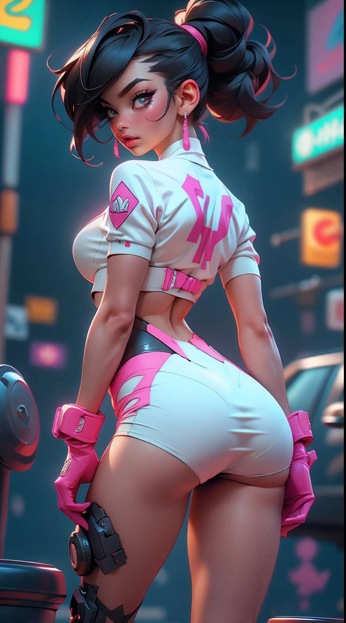 motor irreal:1.4,UHD,La mejor calidad:1.4, fotorrealista:1.4, textura de la piel:1.4, obra maestra:1.8,y pcalienteography ultra detallada, Juri Han,La chica bonita Juri Han de Street Fighter,posing from behind,grande,  guapa,  neon light. lleva un (Lingerie Stockings Clothing),gimnasio, y un (Cuerda negra, white pattern :1.2) , ((beautiful and aesthetic)), sexy, senos grandes, caliente, pecho grande, Backward position, Gimnasio cyberpunk,  gimnasio,,beautiful fine hands,