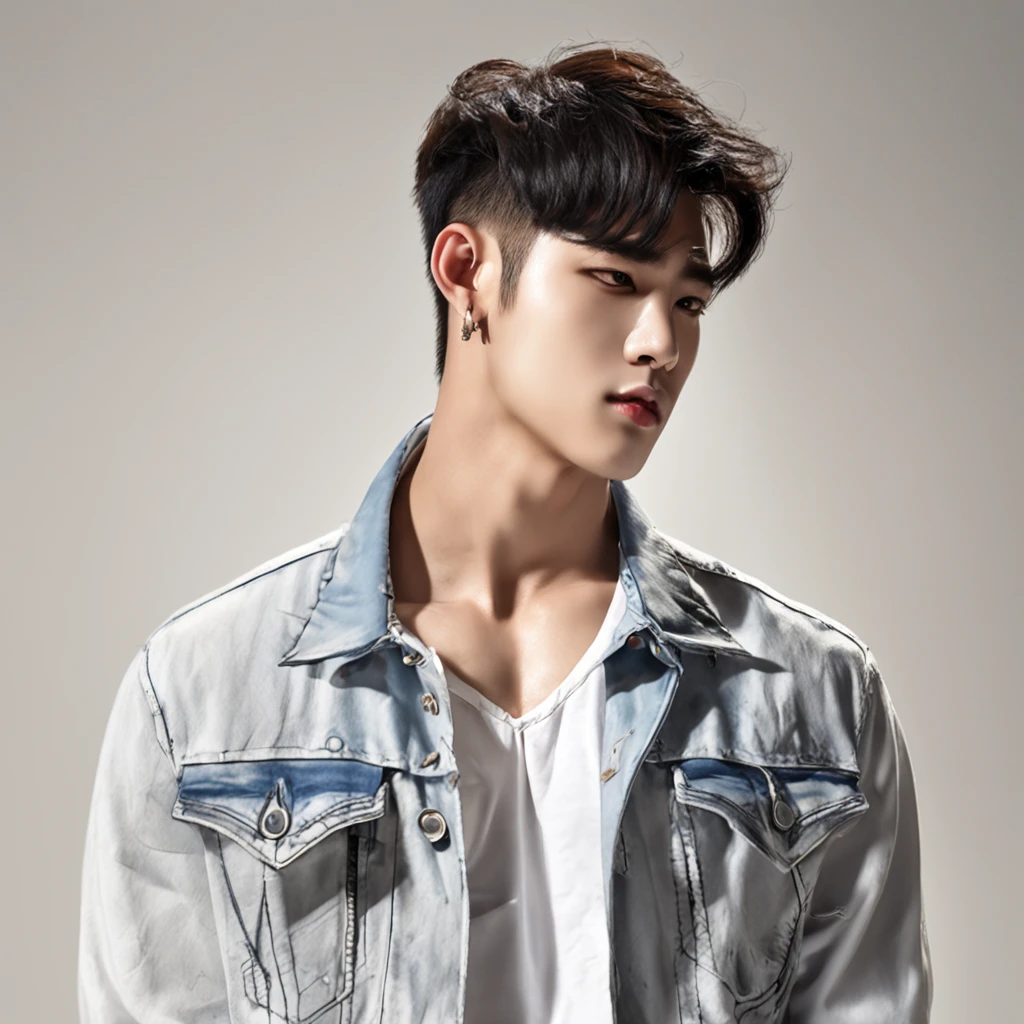 Alafed male model in white jeans and denim jacket leaning against wall, Korean Male, Jinyoung Shin, korean muscle boy 2 1 , model with attractive body, Cai Xukun's, taejune kim, male model, siwoo kim, inspired by Joong Keun Lee, Hyuntae, inspired by jeonseok lee, sun-hyuk kim, with abs