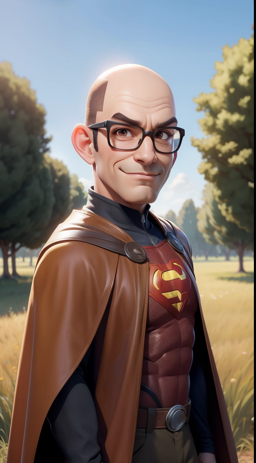 man bald,no hair , with brown clothes ,a superhero pose, wearing a cape, wearing  glasses ,friendly expression, background of a field with trees, pixar disney cartoon style