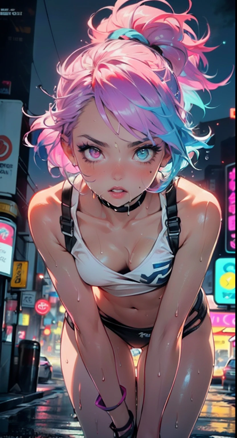 cute cartoon little loli,(((little loli,small tiny body,petite))),(((6 years old))),((extremely cute cartoon girl with liquid paint hair)),
(((flat chest))),(((short hair,liquid paint hair:1.1,neon purple hair|neon pink hair|neon blue hair|neon aqua hair|purple hair|fuchsia hair|fluorescent blue hair|amethyst hair|neon hair|bright pink hair :1.5,bright hair: 1.3,hair made of paint and defies gravity,thick flowing,paint splatter:1.3,shiny hair: 1.3,vibrant colored hair))),((heterochromia:1.5,eye1 purple:1.5,eye2 pink:1.5,upturned eyes:1.3,perfect eyes,beautiful detailed eyes,finely detailed beautiful eyes:1,symmetrical eyes:1,vibrant color eyes:1.5)),((fat)),(((lustrous skin:1.5,bright skin: 1.5,skin tanned,shiny skin,very shiny skin,shiny body,plastic glitter skin,exaggerated shiny skin,illuminated skin,wet legs))),(delicate detailed fingers,detailed body,human hands),
cute,slutty,seductive,erotic,(((nsfw))),
revealing clothing,show skin,(wearing a Neon color theme clothing:1.3,micro clothes,fluorescent and neon clothing,rave fashion,micro crop top,micro skirt,visible thong straps,accessories LED),((wet clothes,detailed outfit,detailed clothes)),
(dynamic pose:1.0),solo focus,embarrassed,(centered,scale to fit dimensions,Rule of thirds),
cyberpunk city by the ocean at night, with bright neon signs and dark stormy clouds and puddles,
High resolution, sharp focus, (ultra detailed, extremely detailed), (photorealistic artwork:1.37), 8k wallpaper,((synthwave background theme)),((vibrant colors)),(intricate),masterpiece,(best quality),
