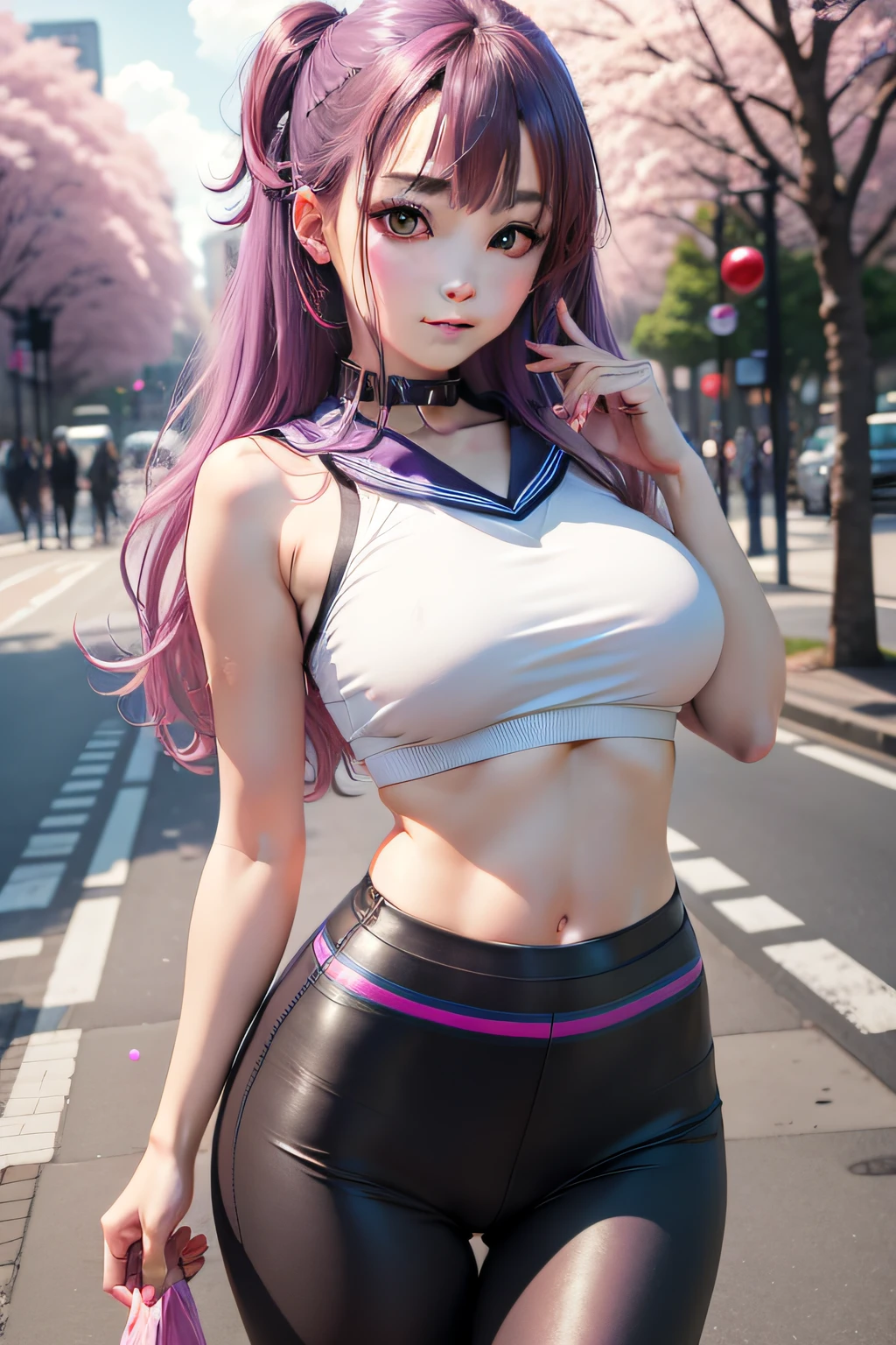 Beautiful Shibuya girl, Heterochromatic pink and purple eye color, Navy blue crop top with navy,Sailor collar,Wear yours with navy blue ripped leggings, cheerfulness, Make soap rainbow bubbles in the park with cherry blossom trees and fountains at sunset, Beautiful anime style girl all over, Clean detailed face, underdressing, analogous colors, Glowing shadow, beautiful gradation, Depth of field, Clean image, High quality, High detail, High definition, Luminous Studio graphics engine, Cute face, kawaii,big breast, Slim waist, nice hip, Ayane Yamano