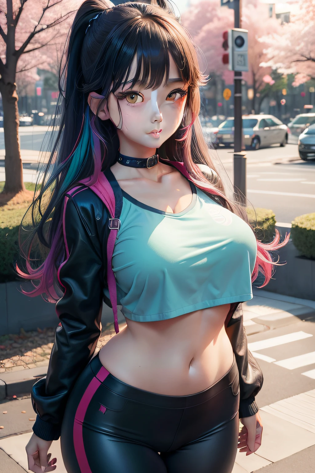 Beautiful Shibuya girl, Waist messy turquoise hair, Navy blue crop top with navy,Sailor collar,Wear yours with navy blue ripped leggings, cheerfulness, Make soap rainbow bubbles in the park with cherry blossom trees and fountains at sunset, Beautiful anime style girl all over, Clean detailed face, underdressing, analogous colors, Glowing shadow, beautiful gradation, Depth of field, Clean image, High quality, High detail, High definition, Luminous Studio graphics engine, Cute face, kawaii,big breast, Slim waist, nice hip