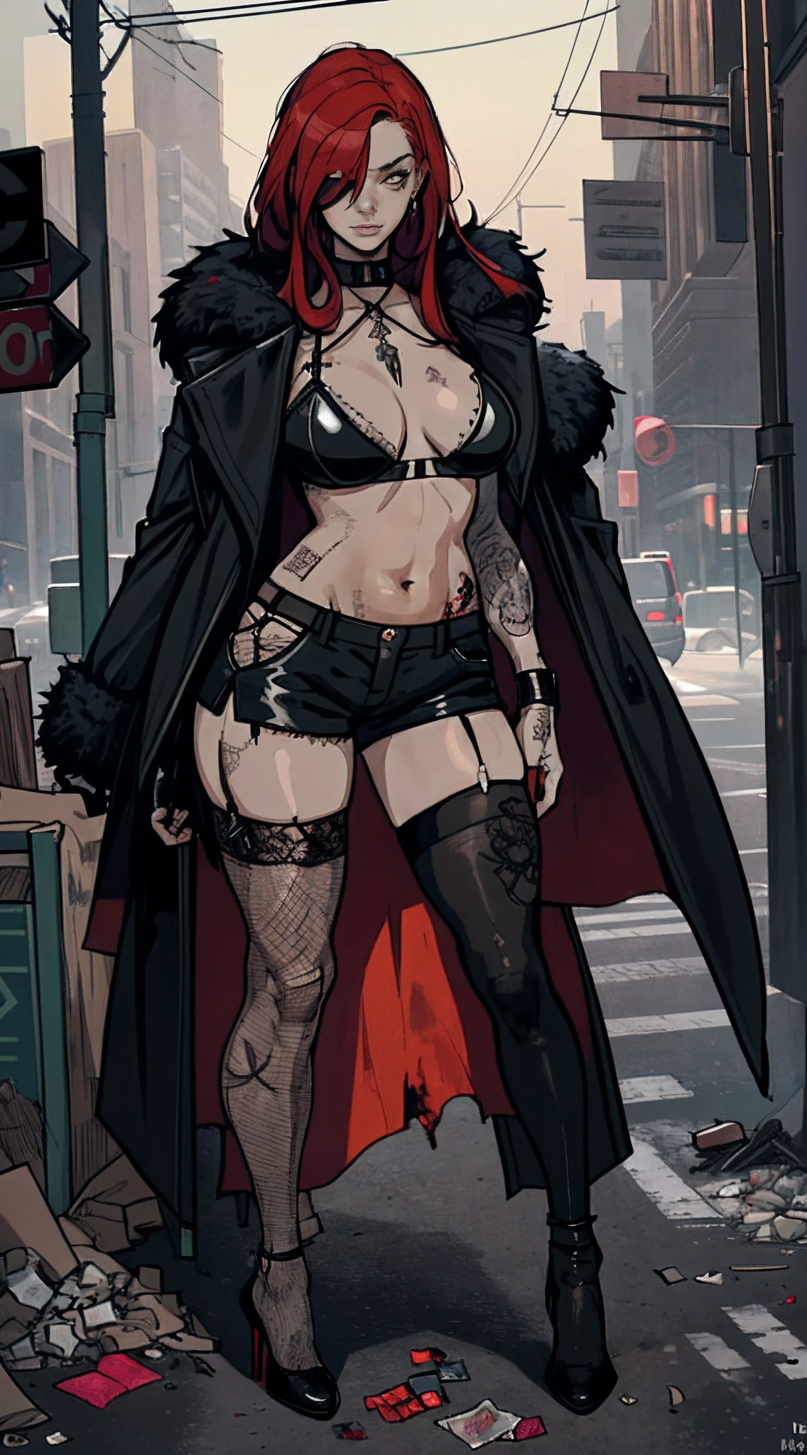 （Best quality at best，tmasterpiece），1girll，red tinted hair（emo girl，a puncture：1.3），fishnets stockings，Ultra shorts，Belly exposure，There are complex tattoos on the lower abdomen，long whitr hair，the night，street corner，Exposed long-sleeved thick coat，Slim figure，Slim figure，the night，a darkness street，Garbage all over the ground，Condoms that are used in large quantities，Lots of damaged sex toys，No man's street，Dirty streets，Bust，Fine eyes，Super detailed face，Bust，Standing or sitting or squatting or lying down or standing