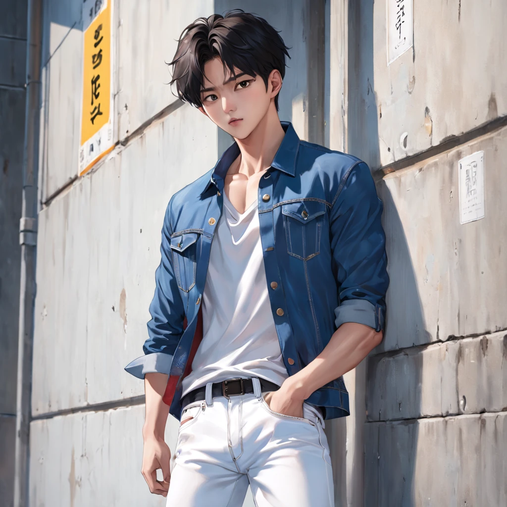 Alafed male model in white jeans and denim jacket leaning against wall, Korean Male, Jinyoung Shin, korean muscle boy 2 1 , model with attractive body, Cai Xukun's, taejune kim, male model, siwoo kim, inspired by Joong Keun Lee, Hyuntae, inspired by jeonseok lee, sun-hyuk kim, with abs