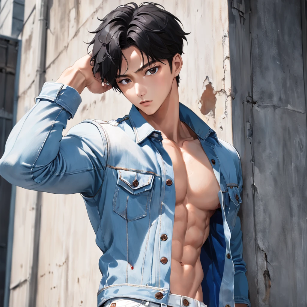 Alafed male model in white jeans and denim jacket leaning against wall, Korean Male, Jinyoung Shin, korean muscle boy 2 1 , model with attractive body, Cai Xukun's, taejune kim, male model, siwoo kim, inspired by Joong Keun Lee, Hyuntae, inspired by jeonseok lee, sun-hyuk kim, with abs