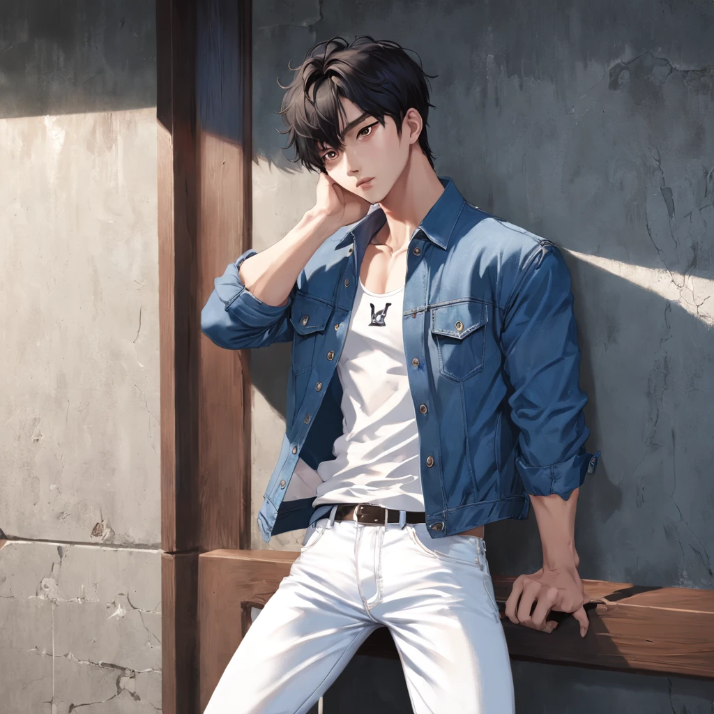 Alafed male model in white jeans and denim jacket leaning against wall, Korean Male, Jinyoung Shin, korean muscle boy 2 1 , model with attractive body, Cai Xukun's, taejune kim, male model, siwoo kim, inspired by Joong Keun Lee, Hyuntae, inspired by jeonseok lee, sun-hyuk kim, with abs