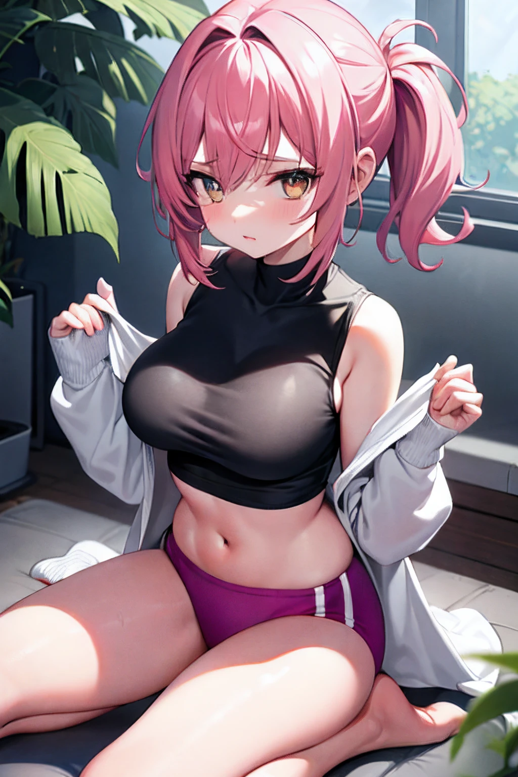 ((tmasterpiece)), (best qualtiy), (A detailed), (1 rapariga),Eau,Get wet,crop tops,Extra nine-point pack,Wet clothes,Translucent white top,Super short pink yoga pants,no-bra,Breasts squeezed together,pony tails,full bodyesbian, upper legs,