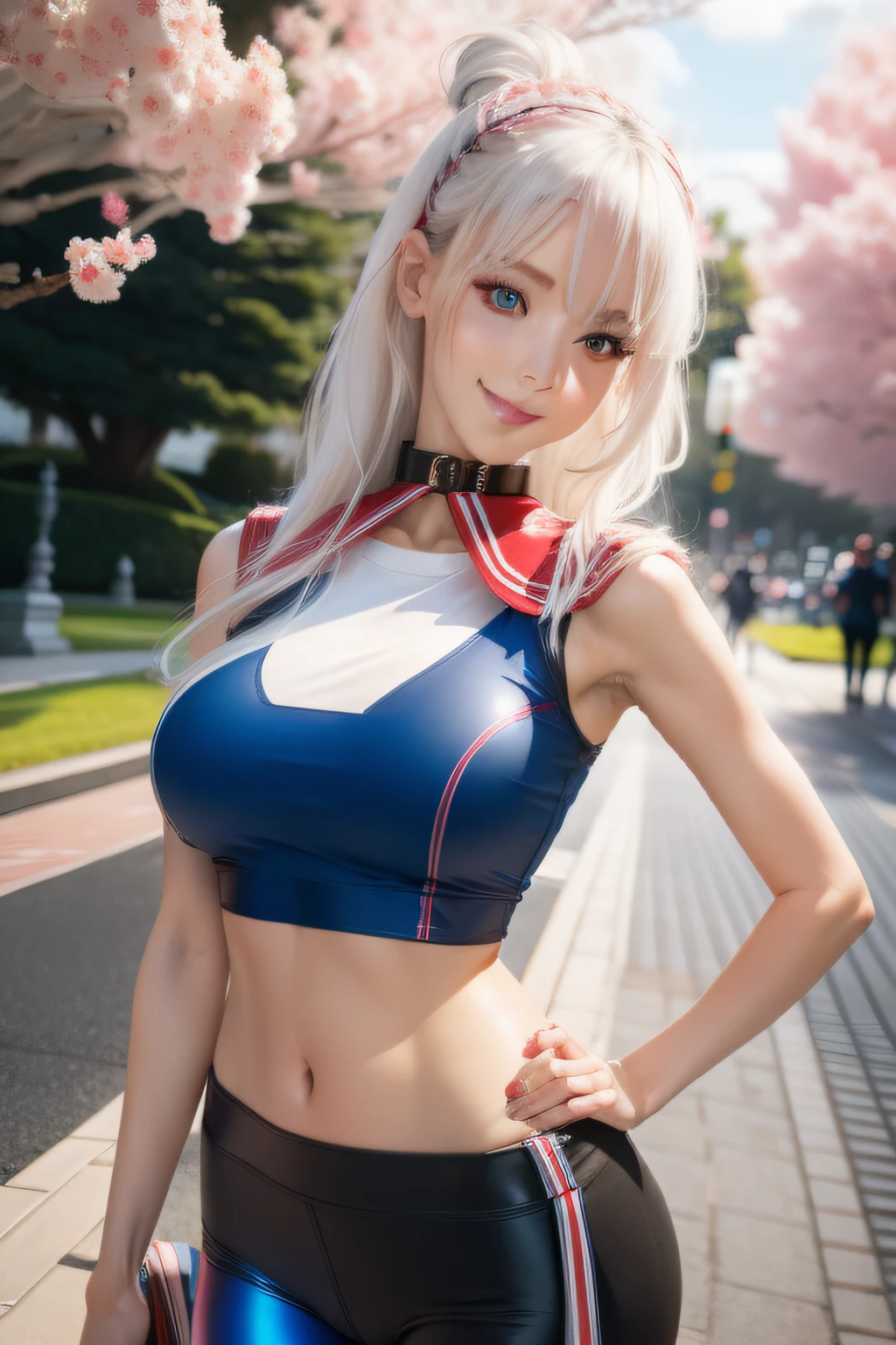 White hair,Red eye color, Navy blue crop top with navy，Sailor collar，Wear yours with navy blue ripped leggings, cheerfulness, Make soap rainbow bubbles in the park with cherry blossom trees and fountains at sunset, Beautiful anime style girl all over, Clean detailed face, underdressing, analogous colors, Glowing shadow, beautiful gradation, Depth of field, Clean image, High quality, High detail, High definition, Luminous Studio graphics engine, Cute face, kawaii,big breast, Slim waist, nice hip