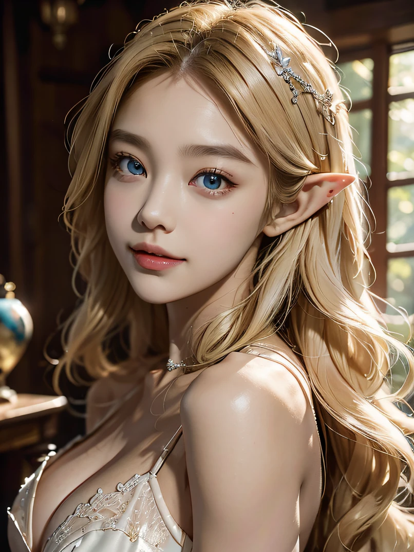 (Photorealsitic)、（super-fine）、acurate、（Works of masters）、（best qualtiy）、8K分辨率、masutepiece、side lights、Realistic、dynamic viewing angle、bustshot、Elf Princess with Blonde Hair、shinny skin、Well-proportioned physique、Platinum Hair Accessories，The face is delicate、Glowing eyes、fine detailed beautiful eyes、Shiny hair、独奏、embarrassing smile、the woods