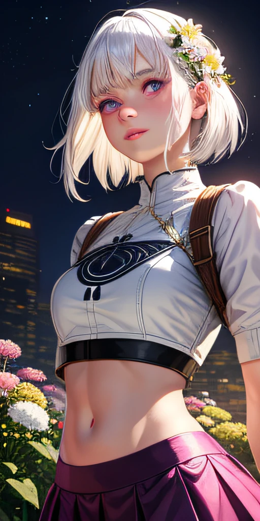 realistic, 1girl, white hair, purple eyes, glowing eyes, crop top, skirt, parted lips, blush, night, flowers, sun, sunlight,
