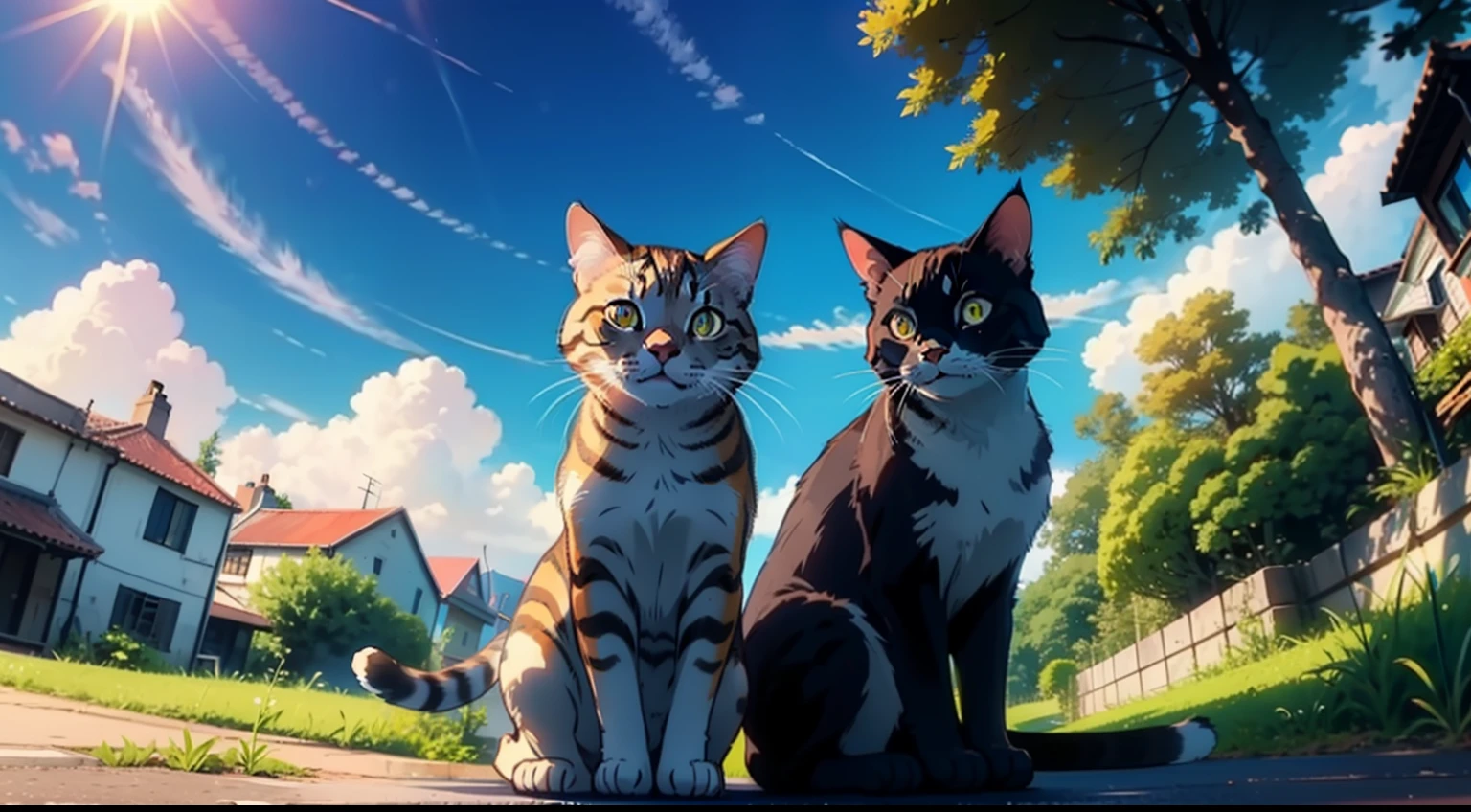 A cat sits on the ground，The cat looks up at the sky，Sunny afternoon，hdr，4k，and the sun was shining brightly，Strong sunshine，wide angles。