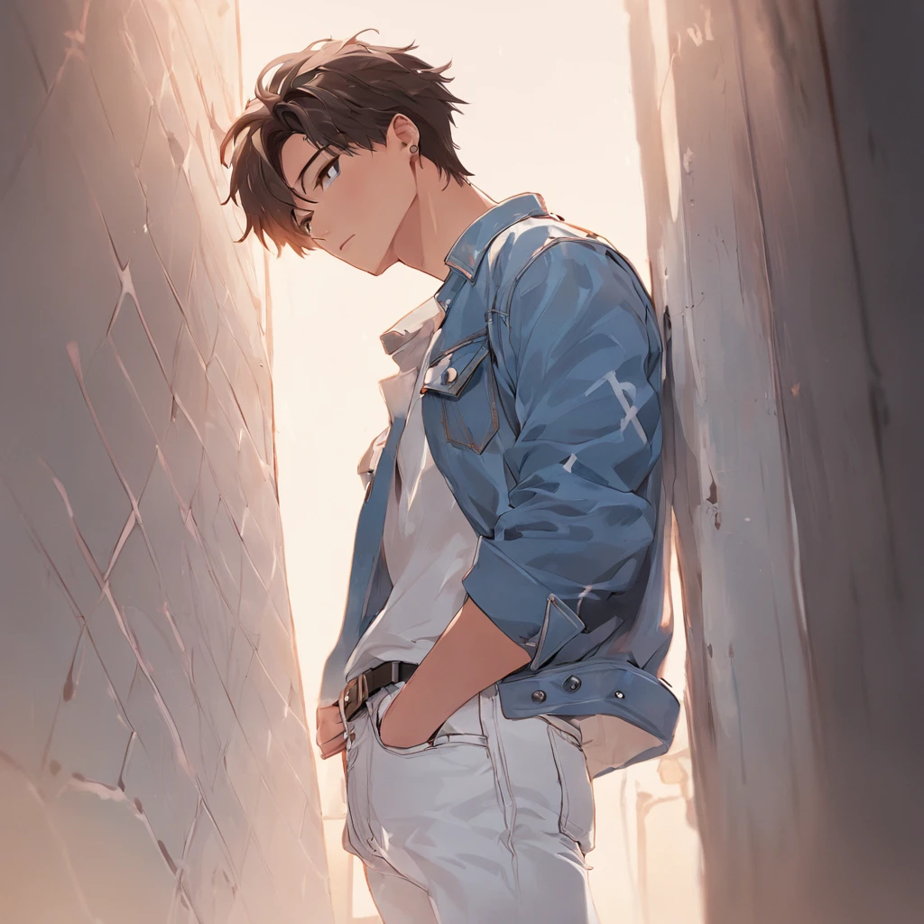masutepiece, Best Quality, ultra-detailliert, realistic illustration, solo guy, black jacket, black t-shirt, black damage jeans, black shoes, He's looking up at the sky, white screen background, simple touch, whole body, slender, ((Full Body Portrait)), brown hair, brown eyes,