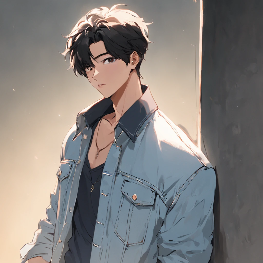 Alafed male model in white jeans and denim jacket leaning against wall, Korean Male, Jinyoung Shin, korean muscle boy 2 1 , model with attractive body, Cai Xukun's, taejune kim, male model, siwoo kim, inspired by Joong Keun Lee, Hyuntae, inspired by jeonseok lee, sun-hyuk kim, with abs