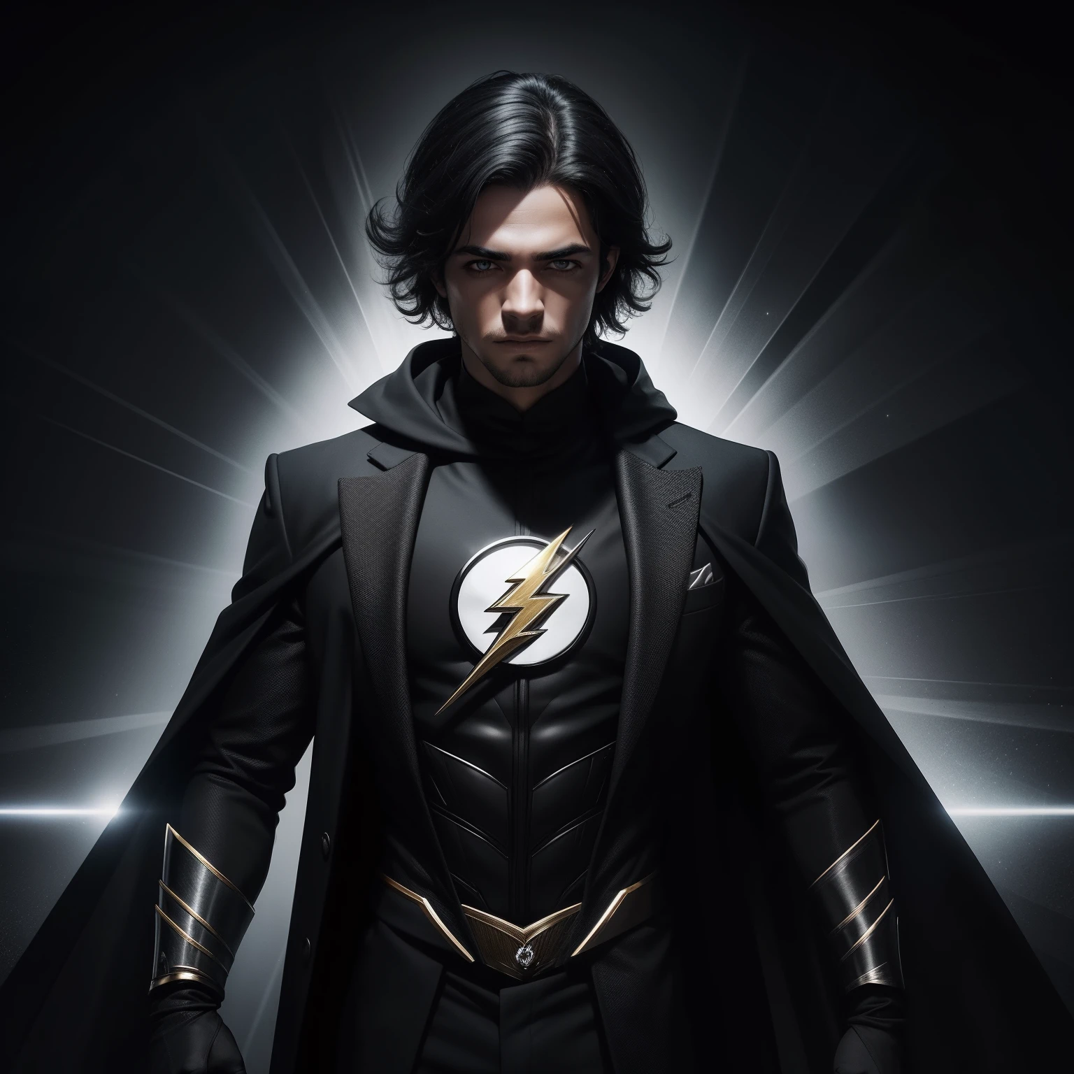 Flash de traje preto, encapuzado, olhos vermelhos, with black rays around him, (((realistico))) , ultra detalhado, alta qualidade, alta resolução