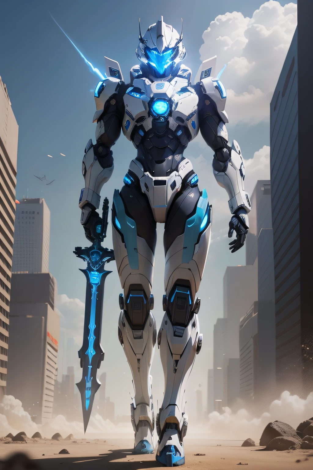 Future tech wind，White mech，The eyes glow a dazzling blue light，Like enforcers，Standing tall，Armed with a mechanical greatsword，Fight against other mechs，4K，Hyper-detailing，Mechanical texture，Mechanical scene arena