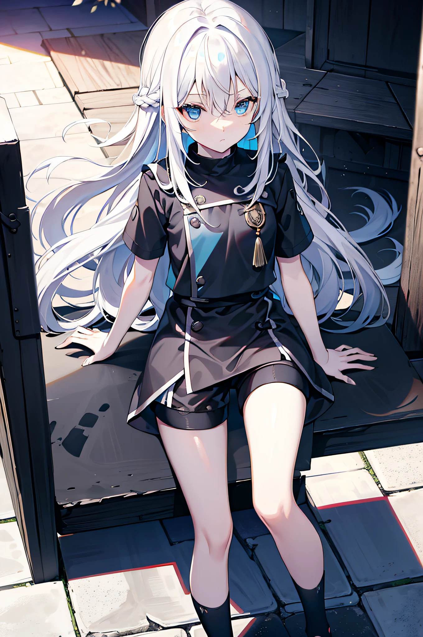 whaite hair,long whitr hair,Blue eyes,Black tunic,Black shorts,white short sleeve,