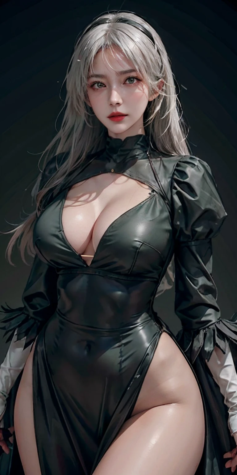 photorealistic, high resolution, soft light,1women, solo, hips up, shinning skin, (detailed face), jewelry, tattoo, (blindfold), breasts, cleavage, cleavage cutout, clothing cutout, green background, hair between eyes, hairband, highres, juliet sleeves, long sleeves, nier (series), nier automata, puffy sleeves, red lips