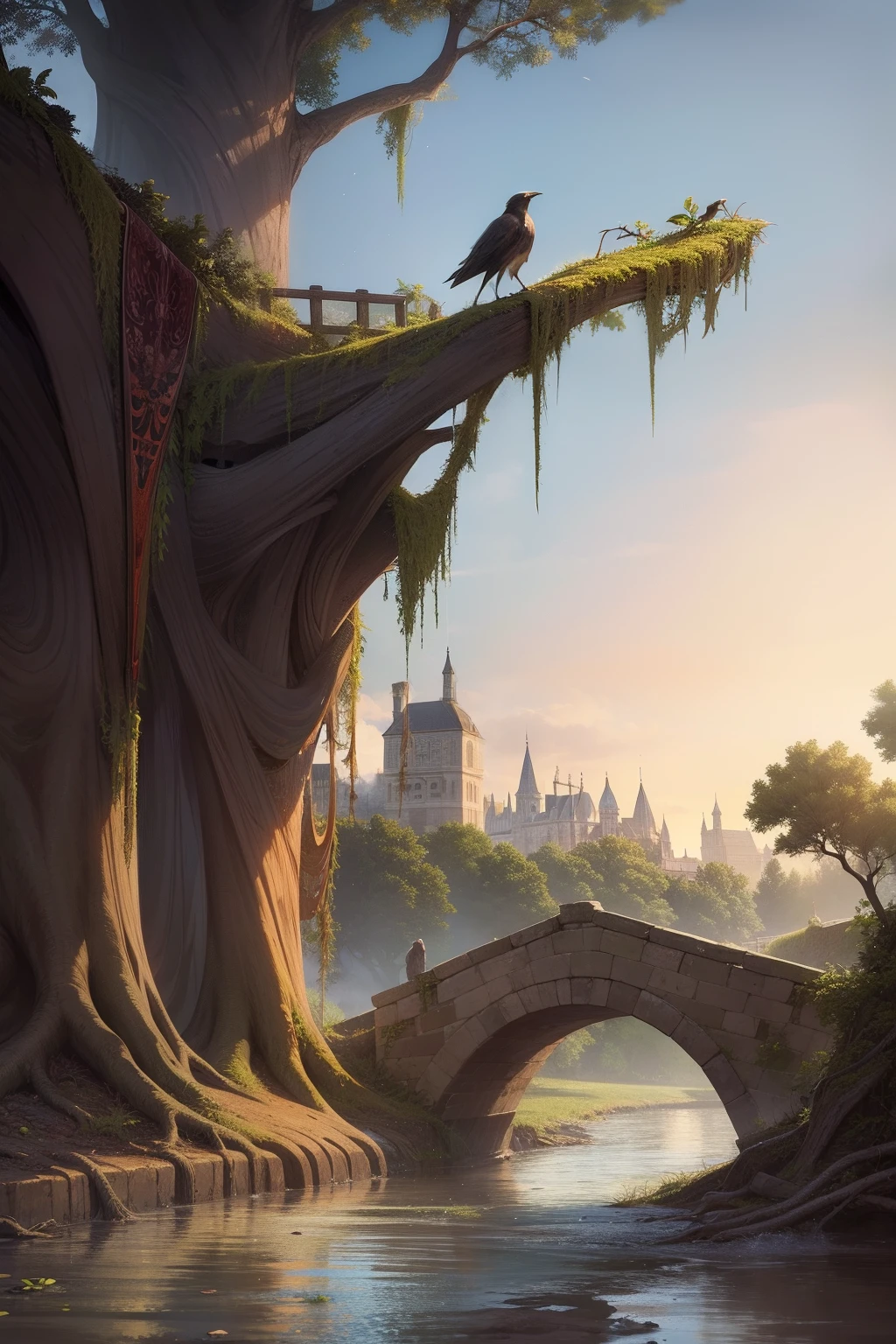 Masterpieces Dead vine Old tree Crow Small bridge Flowing water People
