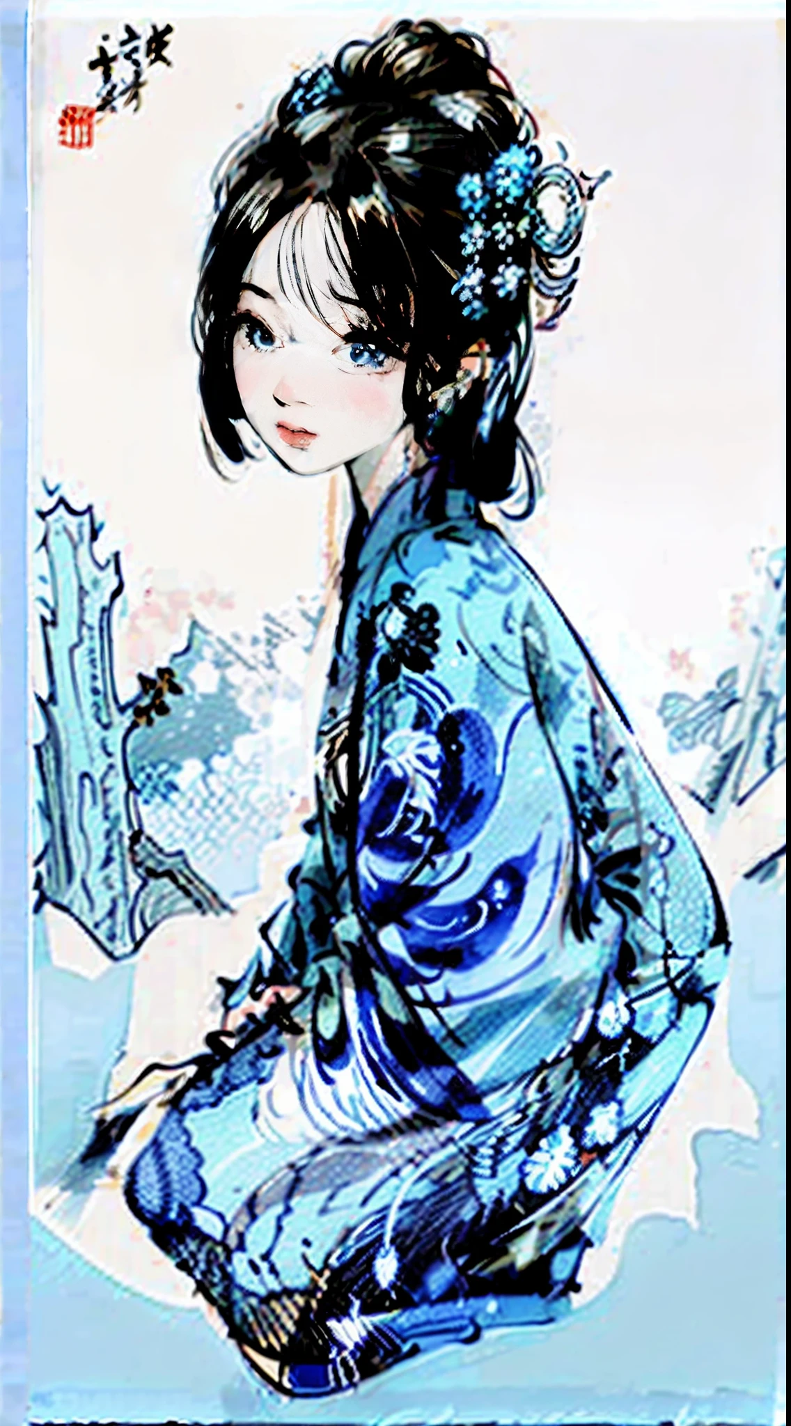 Blue and white porcelain style,hanfugirl,ancient china art style