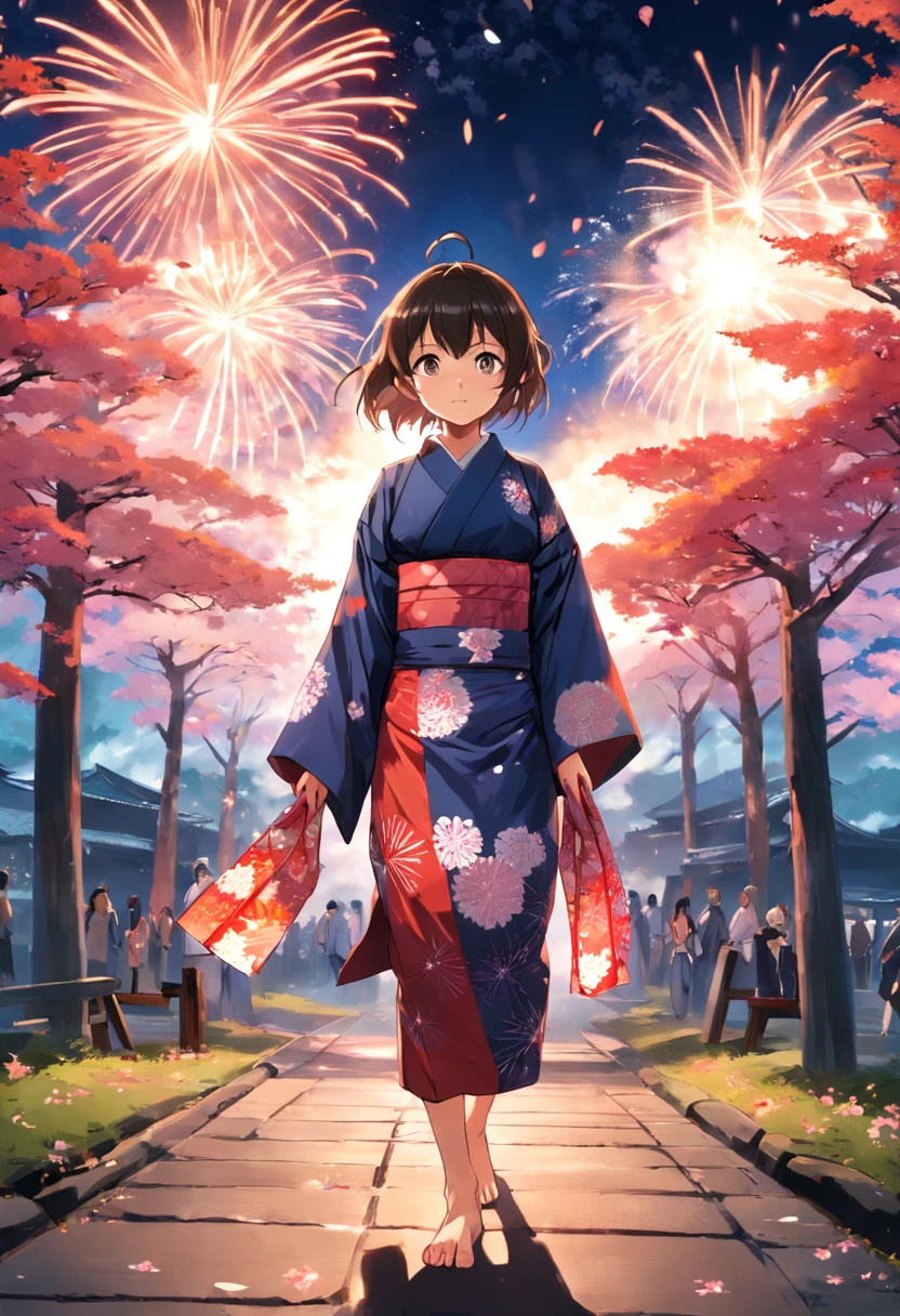 girl in yukata, walking in the park, matsuri, fireworks