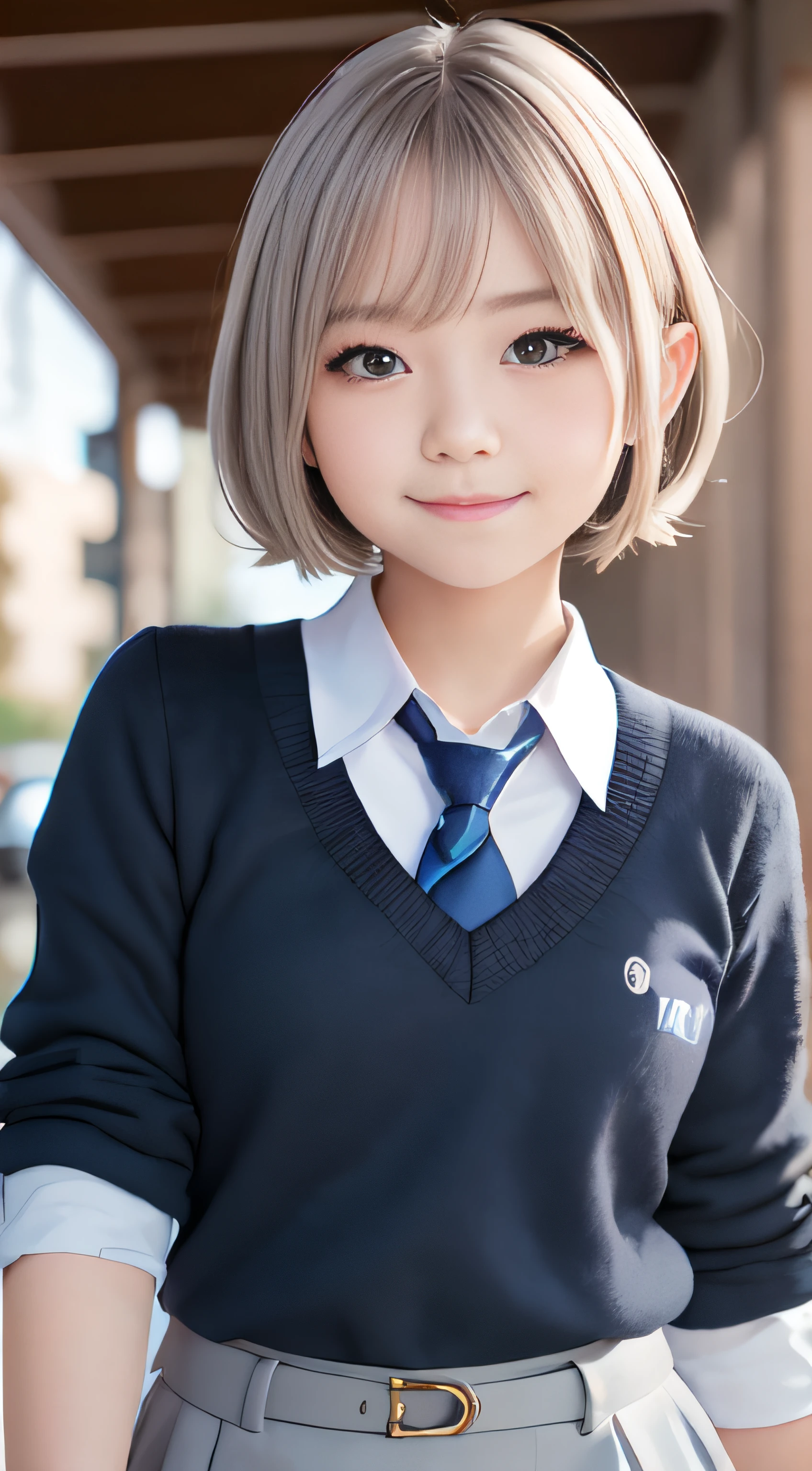 Cute *********** s, Shibuya, School uniform, Silver hair, lightsmile, Cowboy Shot, F/16, masutepiece, nffsw, Textured skin, Anatomically correct, high details, Best Quality