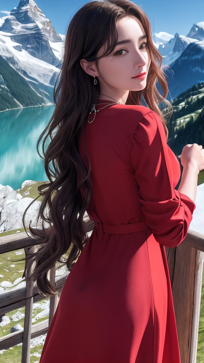 masterpiece,ultra realistic,32k,extremely detailed CG unity 8k wallpaper, best quality,
The Swiss Alps, Switzerland, ( Dark red A-line dress ) ,((spring day )), Beachy waves with a side part ,eardrop,lady ,necklace,