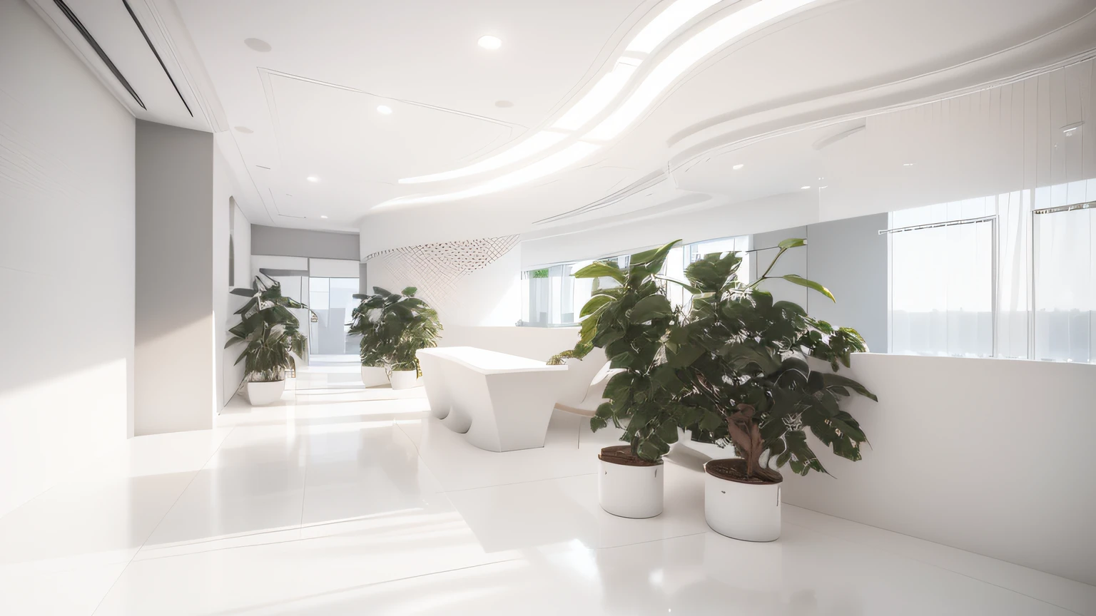 there is a white reception space (1 table and two chair) in a large room, back ground is minimalist white wall ( lighting realistic, see throung office workspace), all white render, minimalist interior, white-space-surrounding, rendered in v-ray, smooth surface render, in style minimalist, elegant render, white concrete floor, smooth curvature design