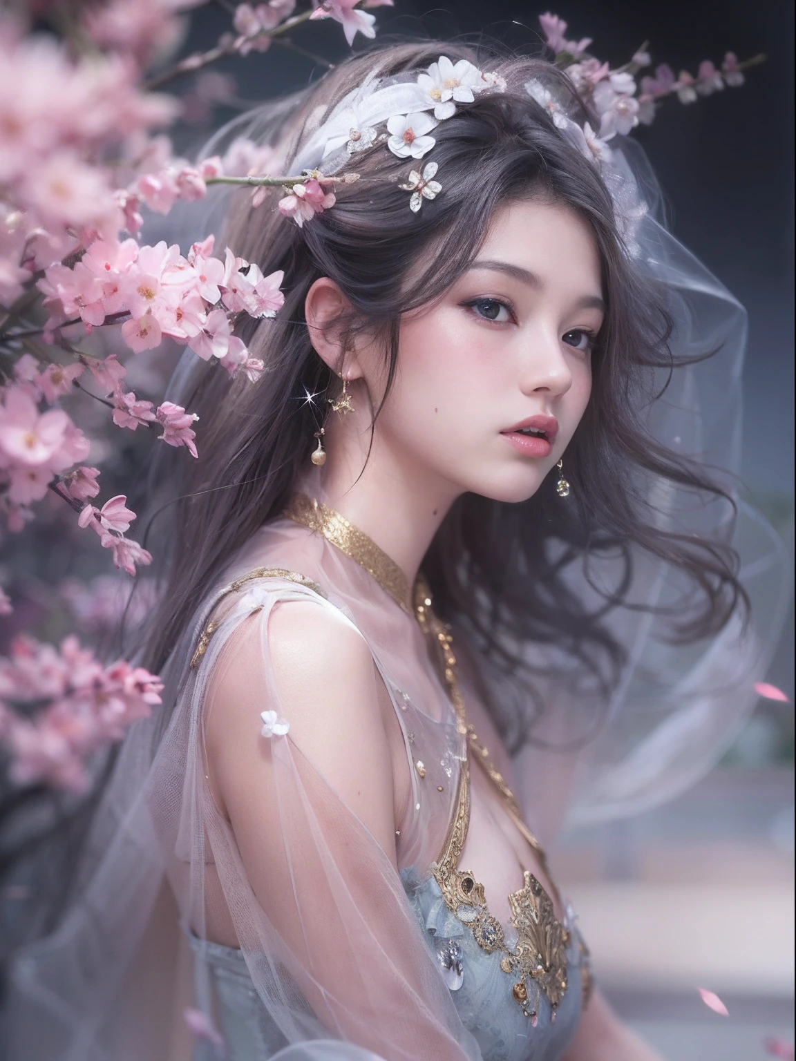 loose outfit、Show shoulders、Navel Ejection、How to wear a gown with a dark see-through halter neck broken、Decorated with intricate patterns and pastel colors、Transparent material that makes the skin shine、Artistic depiction of seductive woman in gown with wet thin cloth and transparent skin, Floral and fantastic pattern with flowing silky traditional see-through skin。Her dress draped elegantly around her curvaceous figure、Emphasizes her charming silhouette。She's a gentle fireworks night、Dynamic Posing、Sexy Posing、bathed in the soft glow of moonlight。The scene is、With a hint of mystery and sensuality、It exudes an ethereal dreamy atmosphere。The image style is、It incorporates a blend of watercolor and digital illustration techniques.、It makes you feel delicate beauty and charm。Soft moonlit lighting、Cast gentle highlights and shadows on her mesmerizing features。Dynamic Posing、Bold poses、The hand is somewhere、see -through、show through、A sexy、Wet hair、Wet、cherry trees、flower petals、cherryblossom、The cherry tree、Sakura blizzard、buried、Transparent skin、Wet clothes、Chest Pulling、Translucent clothes、Eau、nudde、garterbelts、fishnet tights、huge moon、Upper body photography、masutepiece