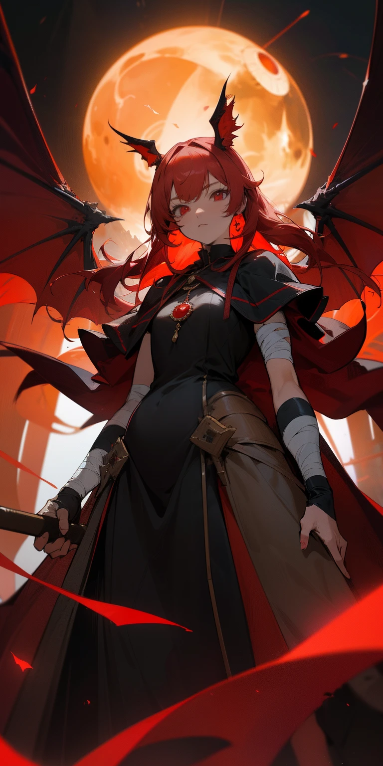 anime style,(RAW photo, 4k, master piece, very high resolution, extremely complex)(realistic: 1.4),(Bandage wrapped around head),(pointed ear),(big red bat wings), Cinematic lighting, (((a female character))), focus on alone, (Night), mist, medieval\(Style\), ( best quality ), (Tall),(dark skin tone) (short red hair),( large flowing red cape),(red and black clothes covering whole body),(8k expressionless face),(red eyes),(ULZZANG-6500:1.0),(alone),(Viewers),(penetrate gaze), (side),(Mysterious catacomb environment),((speed)),(reality),artistic