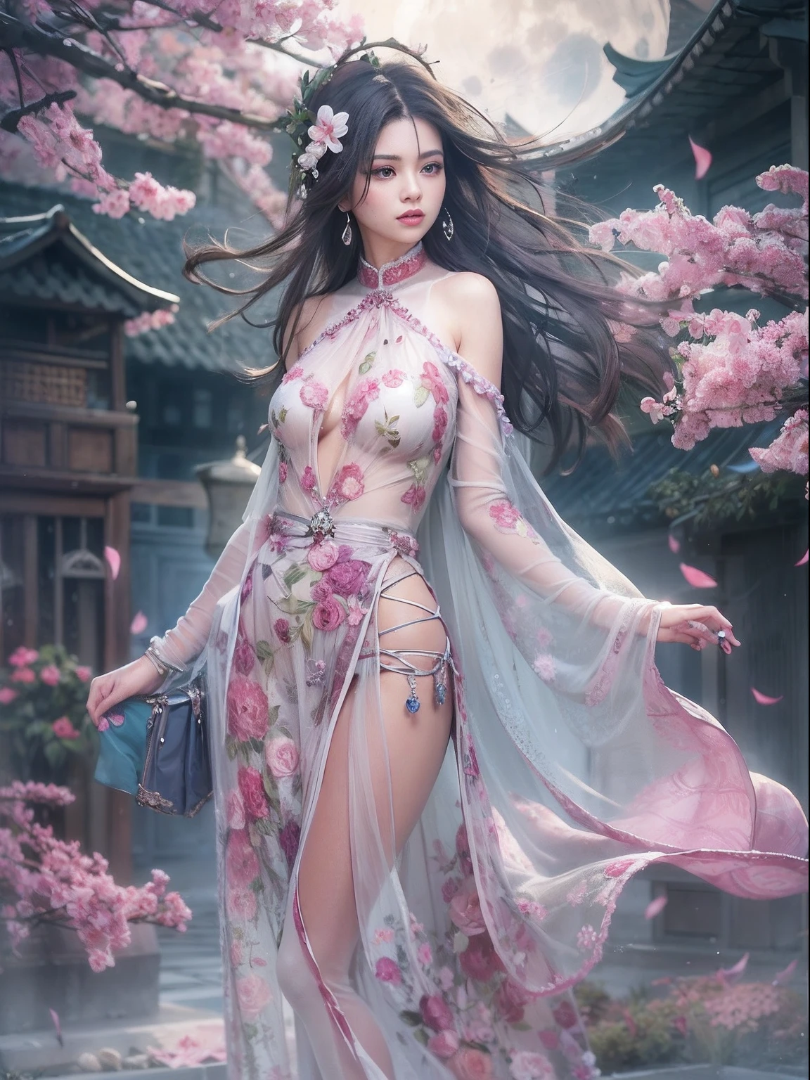 loose outfit、Show shoulders、Navel Ejection、How to wear a gown with a dark see-through halter neck broken、Decorated with intricate patterns and pastel colors、Transparent material that makes the skin shine、Artistic depiction of seductive woman in gown with wet thin cloth and transparent skin, Floral and fantastic pattern with flowing silky traditional see-through skin。Her dress draped elegantly around her curvaceous figure、Emphasizes her charming silhouette。She's a gentle fireworks night、Dynamic Posing、Sexy Posing、bathed in the soft glow of moonlight。The scene is、With a hint of mystery and sensuality、It exudes an ethereal dreamy atmosphere。The image style is、It incorporates a blend of watercolor and digital illustration techniques.、It makes you feel delicate beauty and charm。Soft moonlit lighting、Cast gentle highlights and shadows on her mesmerizing features。Dynamic Posing、Bold poses、The hand is somewhere、see -through、show through、A sexy、Wet hair、Wet、cherry trees、flower petals、cherryblossom、The cherry tree、Sakura blizzard、buried、Transparent skin、Wet clothes、Chest Pulling、Translucent clothes、Eau、nudde、garterbelts、fishnet tights、huge moon、Upper body photography、masutepiece
