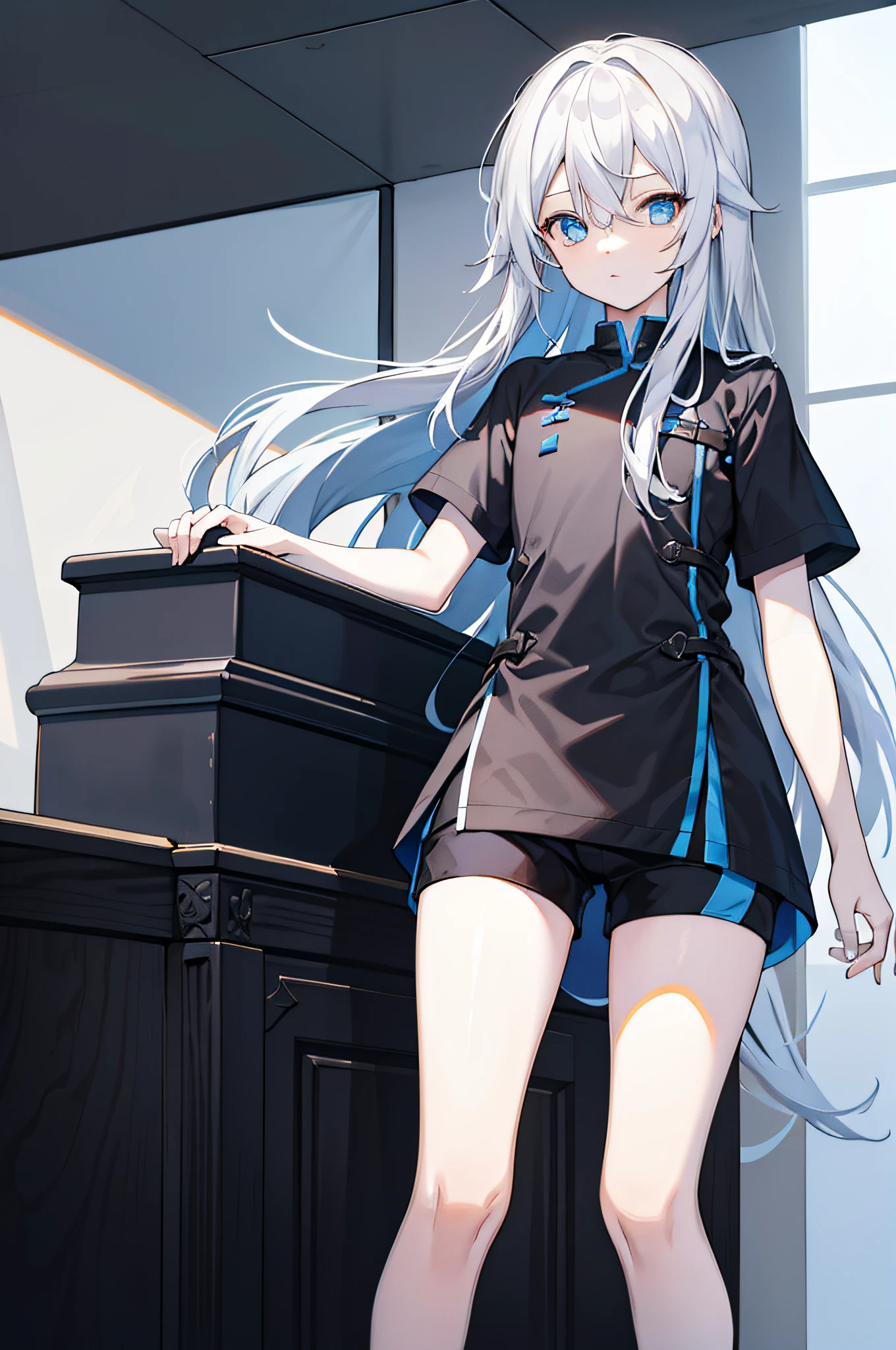 whaite hair,long whitr hair,Blue eyes,Black tunic,Black shorts,white short sleeve,