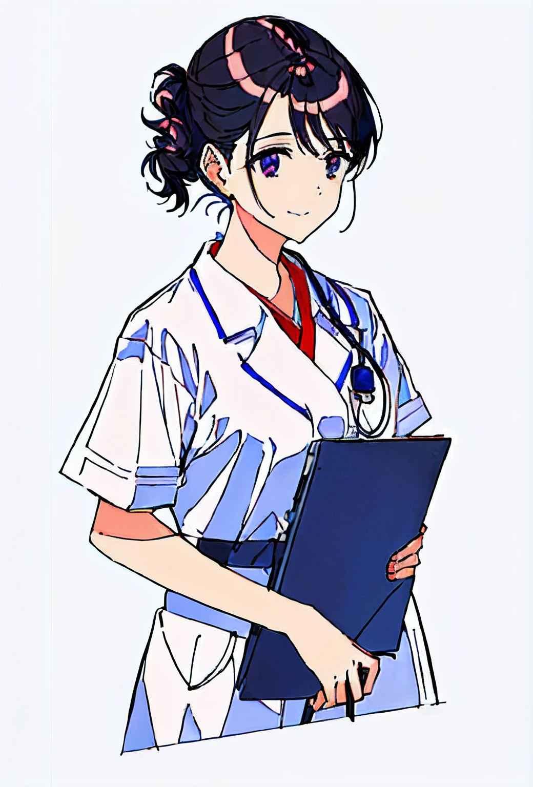 Female cartoon drawings, nurse girl, healthcare worker, wearing lab coat and a blouse, Medical Illustration, holding a clipboard, With a stethoscope, portrait of a female pathologist, girl wearing school uniform, ( woman samurai ) , Nurse, exciting illustration, medical image, Medical Drawings, nursing, holding notebook, Medical depiction,A dark-haired、simplicity、A dark-haired:1.5,japanes、Flat facial features、view front:1.5、Looking at the camera、smil