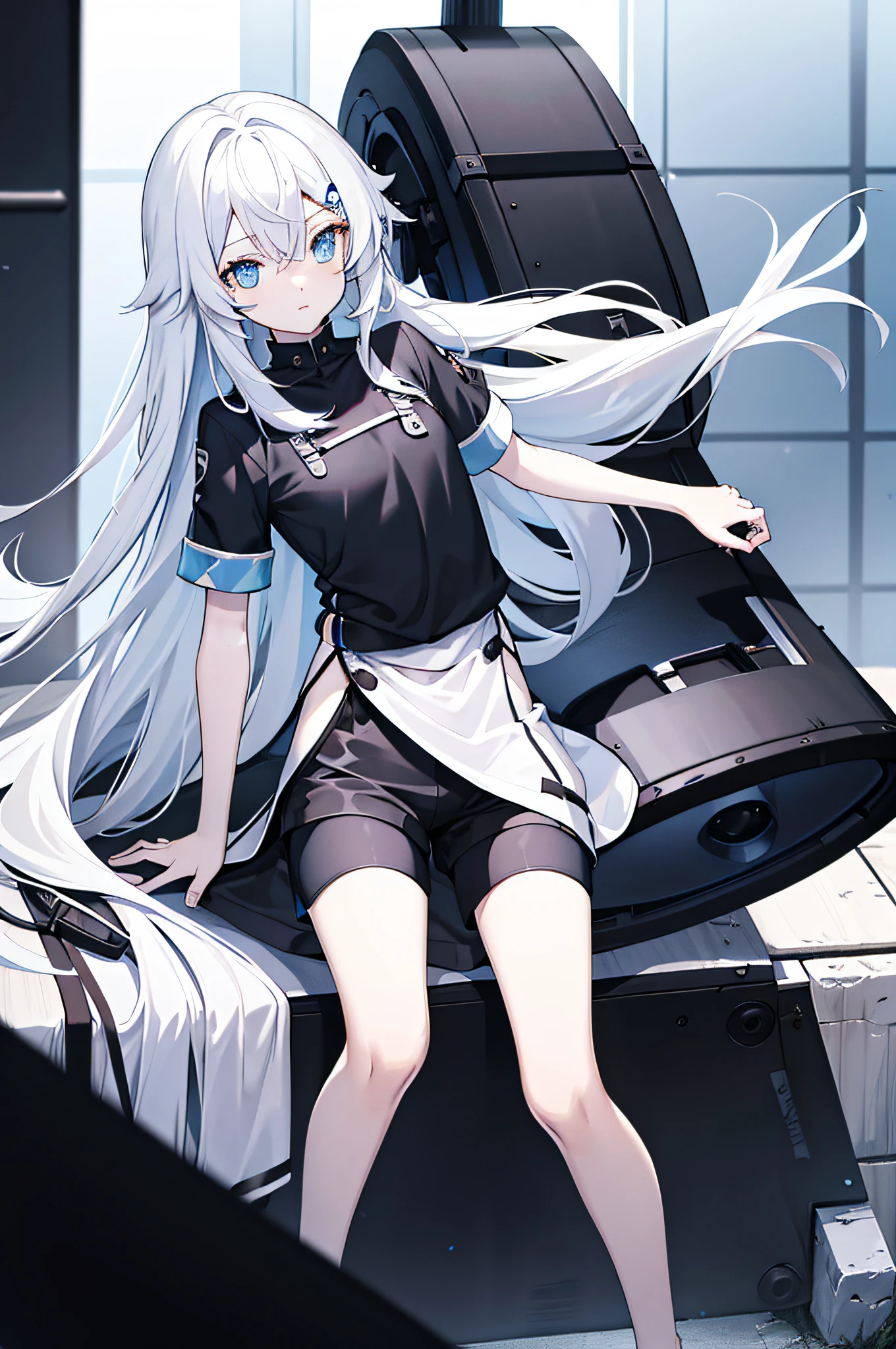 masterpiece, best quality, 1 girl, solo, white hair, long straight hair, sky blue eyes, flat chest, (((blank eyes))), (((ahegao))), brainwashed, putting on a helmet device, (((shackled to a chair))), collar, dark machine room