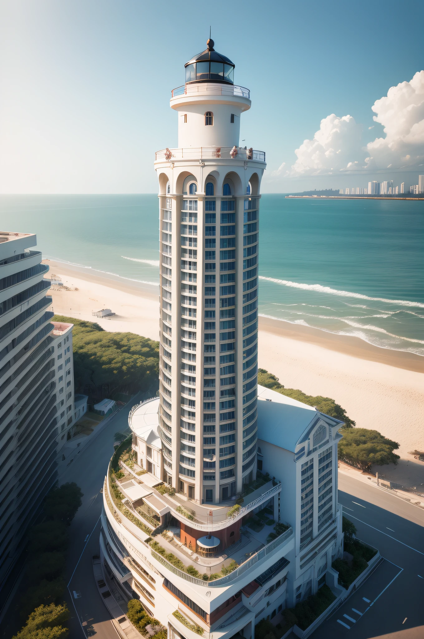 Lighthouse on the beach by the sea,Marina around,Modernization of the building,There is a lighthouse at the top,The building is a hundred meters high,Glass curtain wal,Xiamen Twin Towers style
