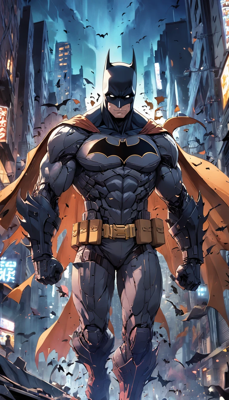 Batman em Gotham city , Scenario with destruction , cavaleiro das trevas , Standard scenario , olhar focado , melhor qualidade , best resolution , obra prima
