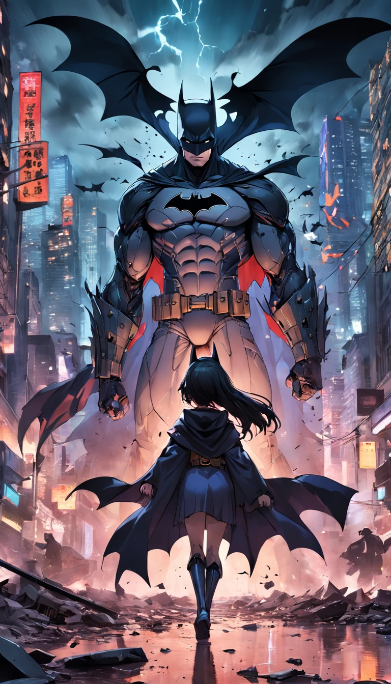 Batman em Gotham city , Scenario with destruction , cavaleiro das trevas , Standard scenario , olhar focado , melhor qualidade , best resolution , obra prima