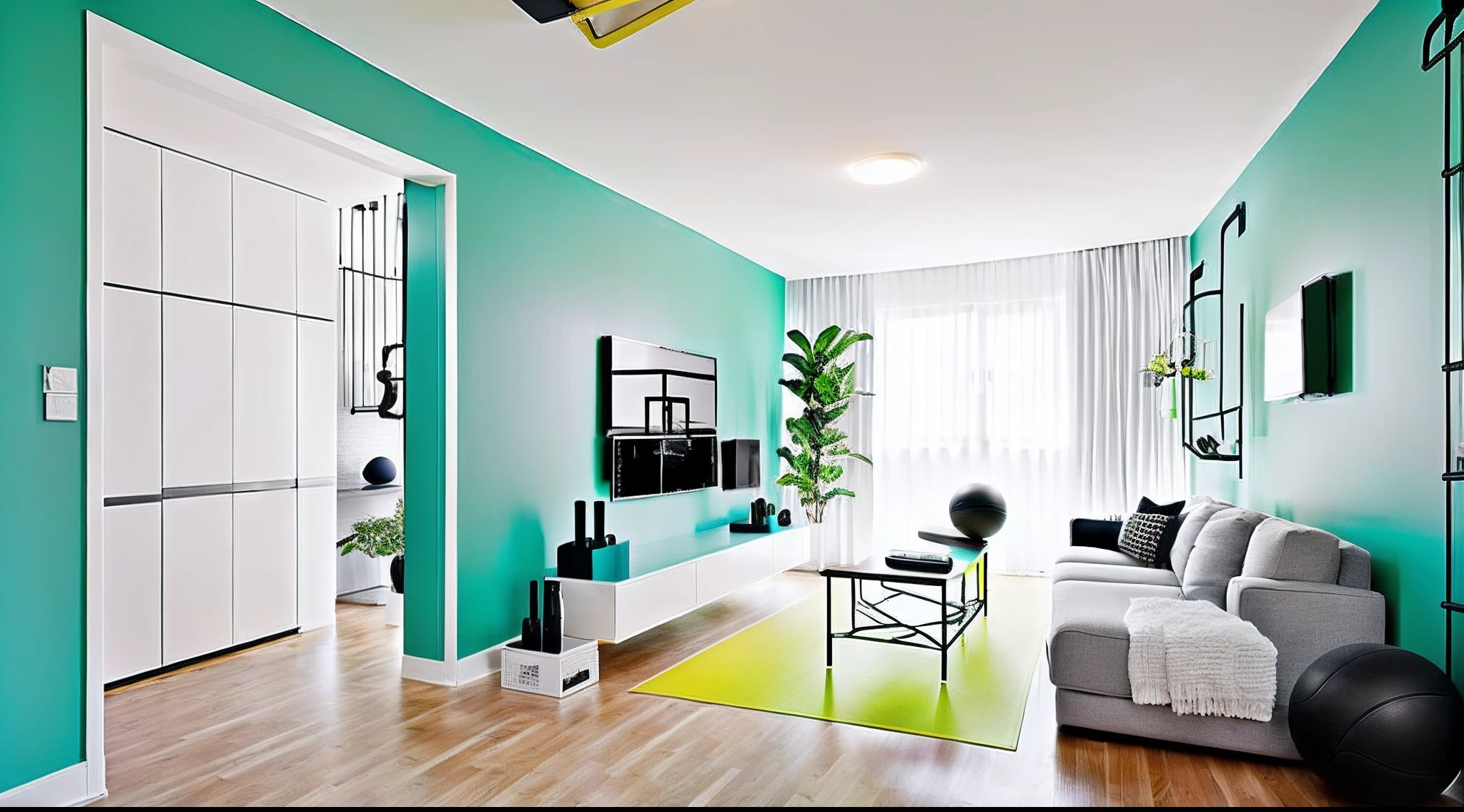 Modern living room space,"Basketball" theme,Stylish sporty tones,Raised sexy,contrast color,Gym Machine,wall decorate