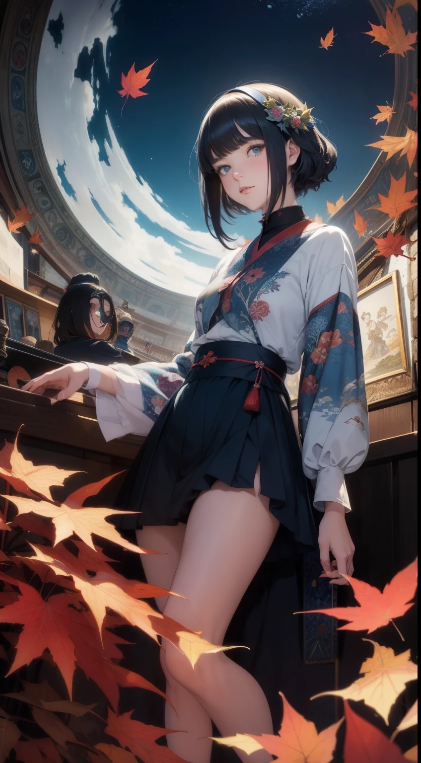 Ukiyo-e style　Christian Riese Lassen, Charles Robinson, Eleanor Fortescue-Brickdale, surreal　fanciful　wondrous　strange　Whimsical　Sci-Fi Fantasy　hi-school girl　A dark-haired　Autumn leaves with short hair　Circular Theater　hour glass　blue-sky　Hyperdetailed high definition high resolution high quality masterpiece