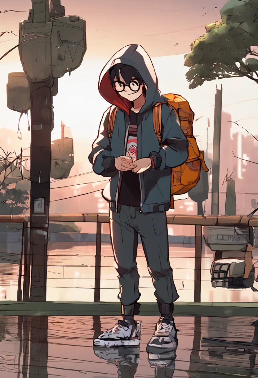 MG_ip,pixar,1boy,male focus,solo,light_eyes,glasses,hood,centre parting bangs,wearing a crocodile suit,hands in pockets,black hair,black-framed eyewear,jacket,chibi,hood up,shirt,blush,pants,hoodie,standing,hooded jacket,(outdoors:1.2),standing by the lake,crocodile slippers,