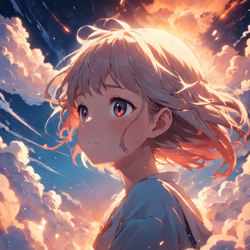 masterpiece, best quality, movie still, 1girl, cloud girl, floating in the sky, close-up, bright, happy, warm soft lighting, sunset, (sparks:0.7)
