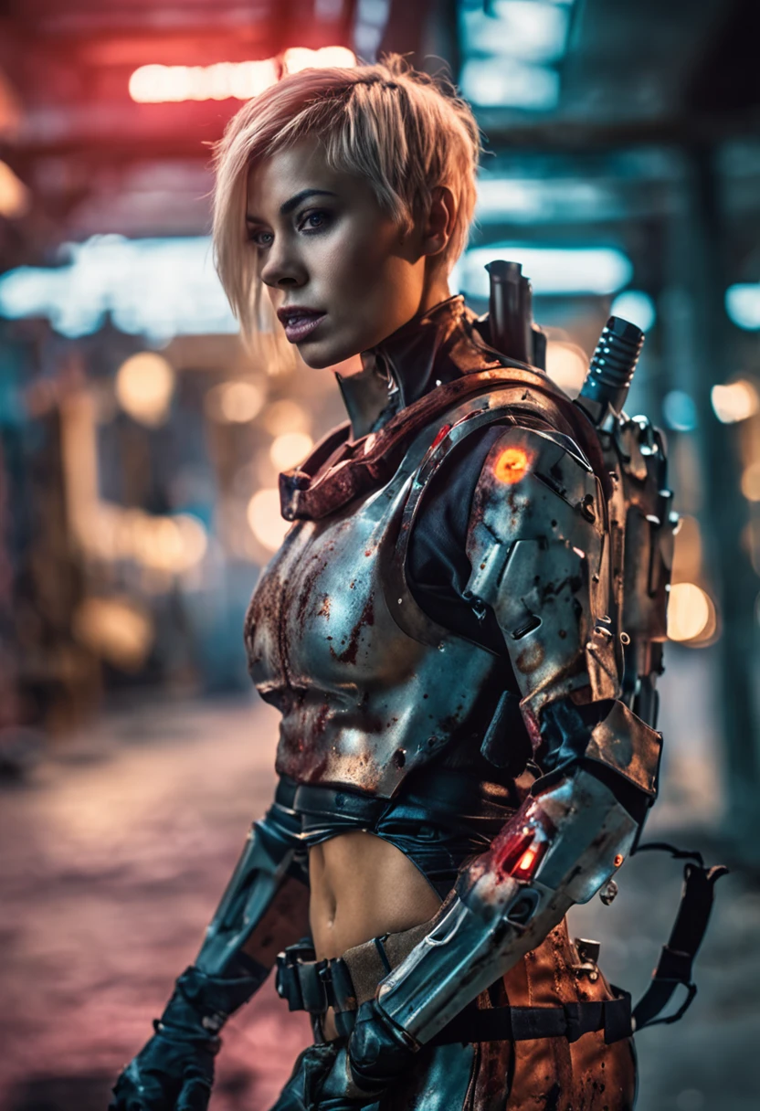 Masterpiece, a beautiful Cyborg woman, ((Anitta)), (sexy Cyborg armor), (medium breasts), (perfect body), (blonde matted hair), (short hairstyle), welding a futuristic sword, outside, dirty, spattered with blood,(skin texture:1.1), best quality, ultra high res, Raw photo, Nikon D850, backlight, rimlight, bright sunlight, film grain:1.2, (warm hue, warm tone:1.2), (color photo), fantasy battlefield background